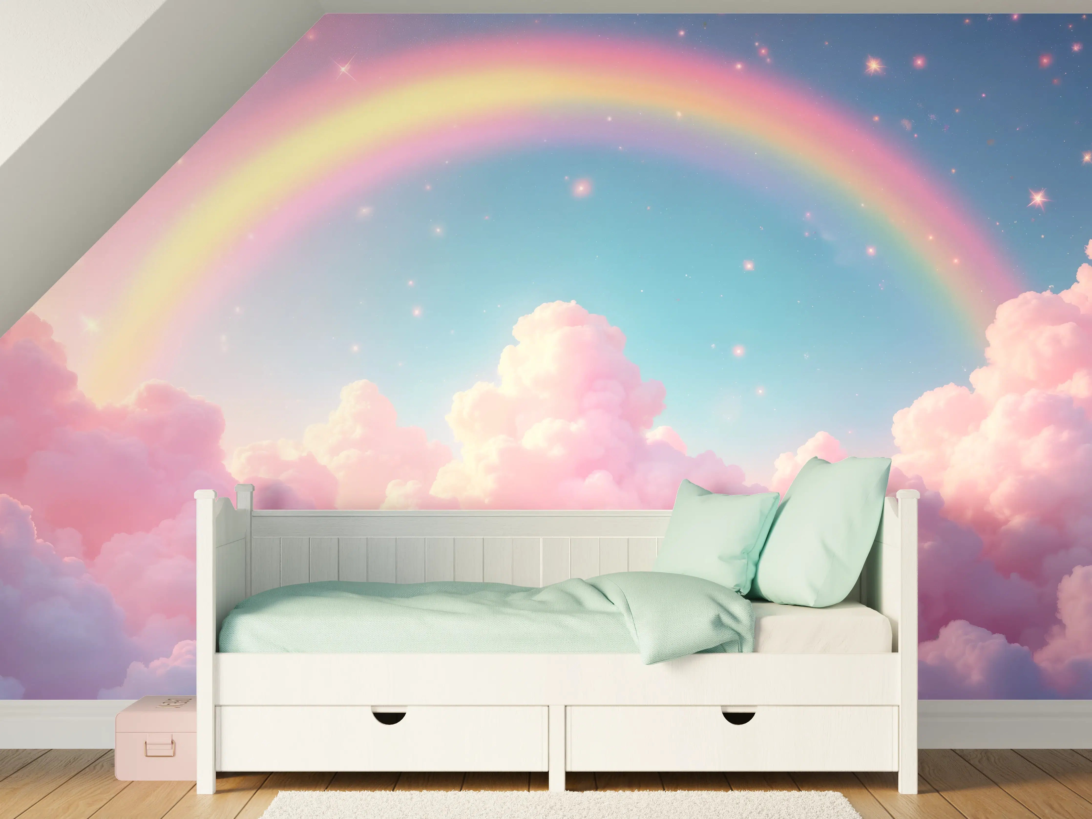Kinderzimmer Wandgestaltung - Sanfter Regenbogen über pinken Wolken