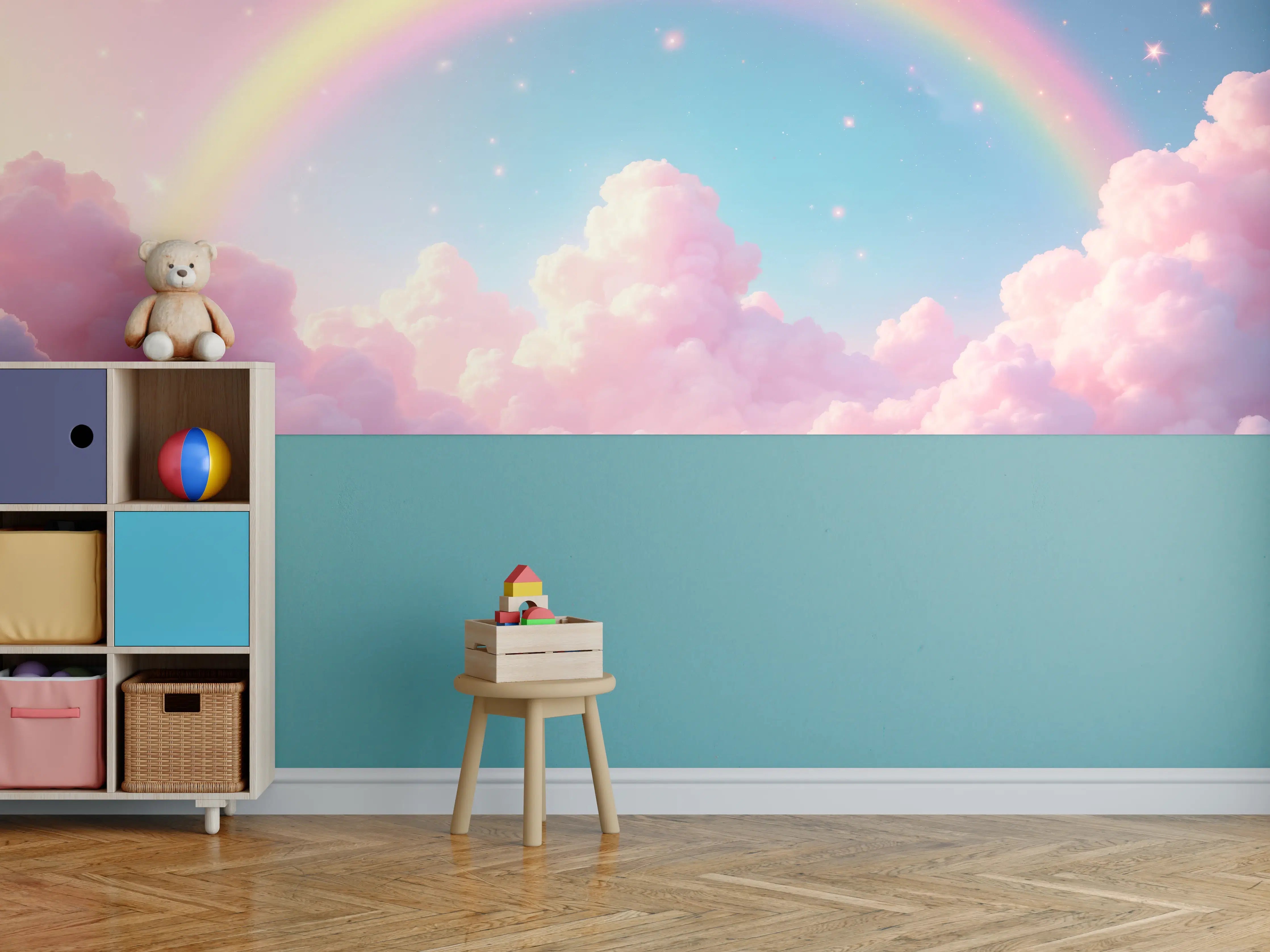 Kinderzimmer Wandgestaltung - Sanfter Regenbogen über pinken Wolken