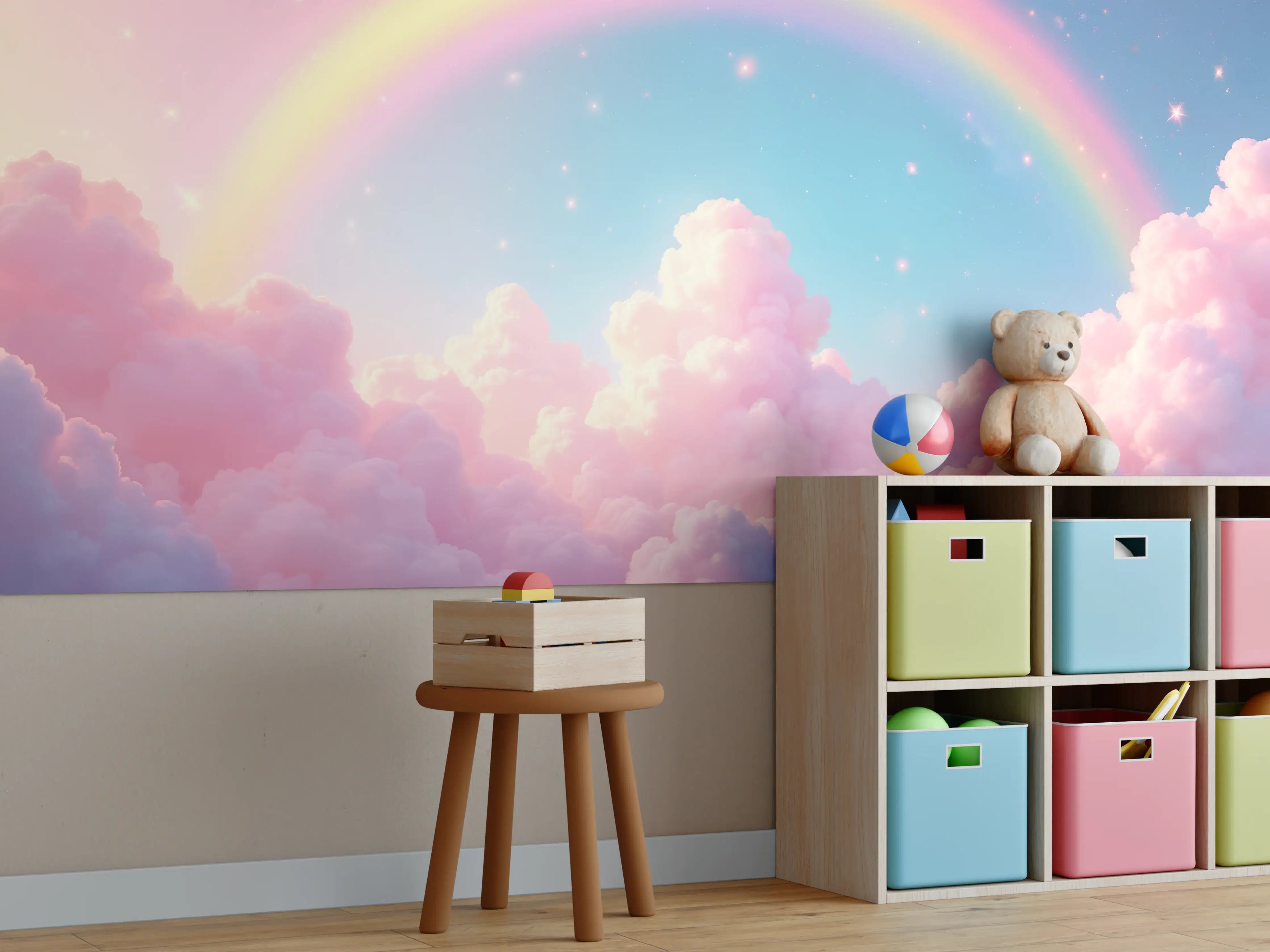 Kinderzimmer Wandgestaltung - Sanfter Regenbogen über pinken Wolken
