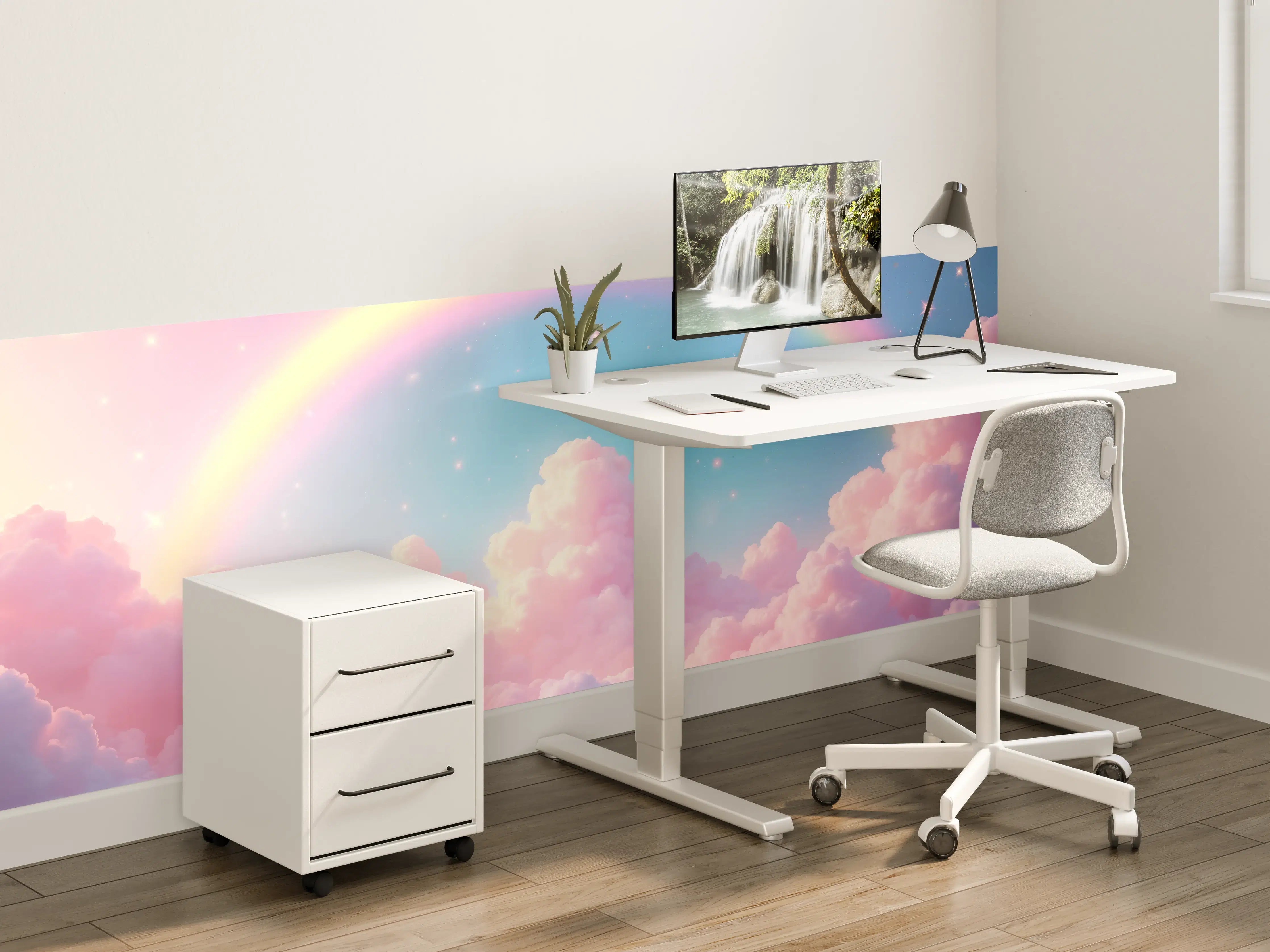 Kinderzimmer Wandgestaltung - Sanfter Regenbogen über pinken Wolken