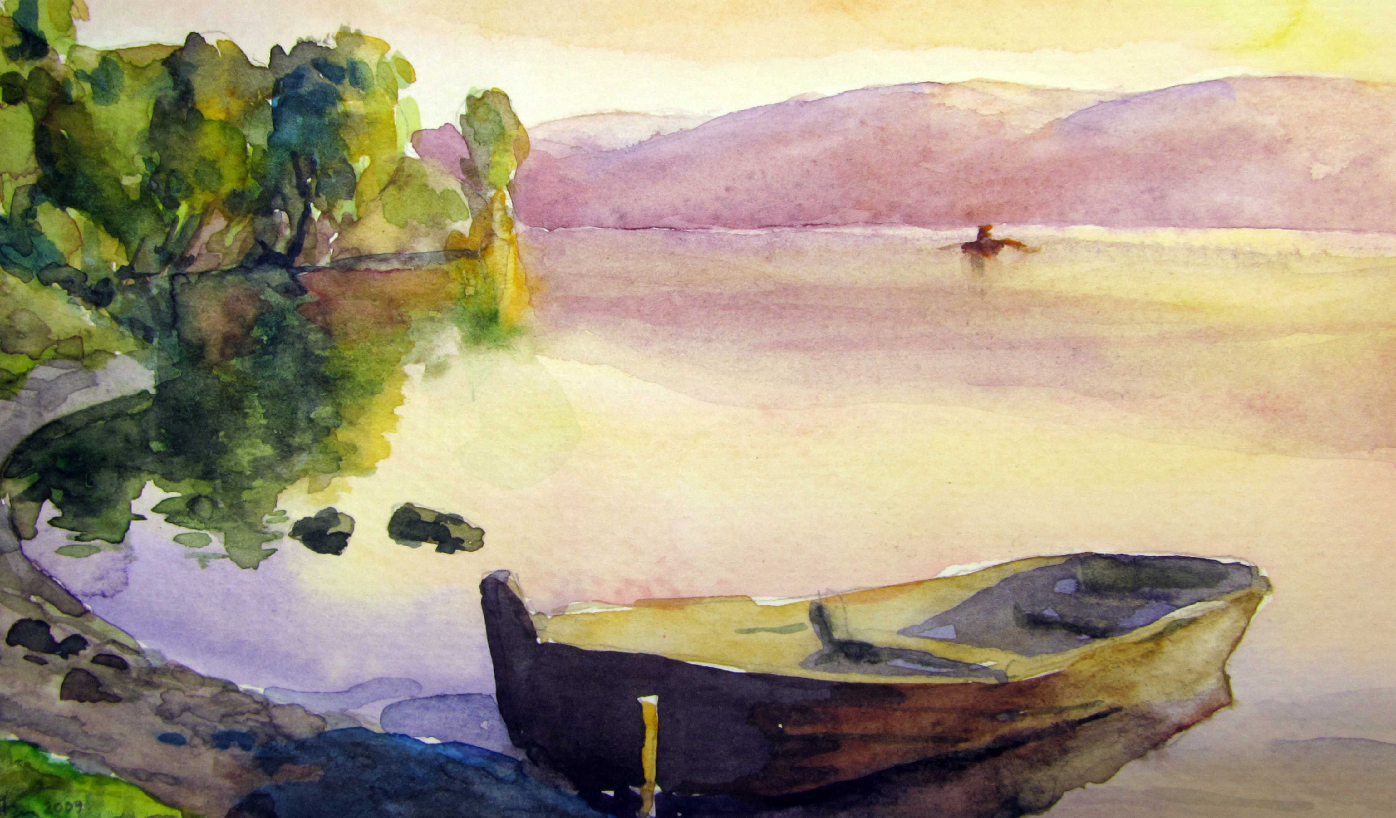 Kinderzimmer Wandgestaltung-Sanfter Sonnenuntergang am Wasser mit Boot