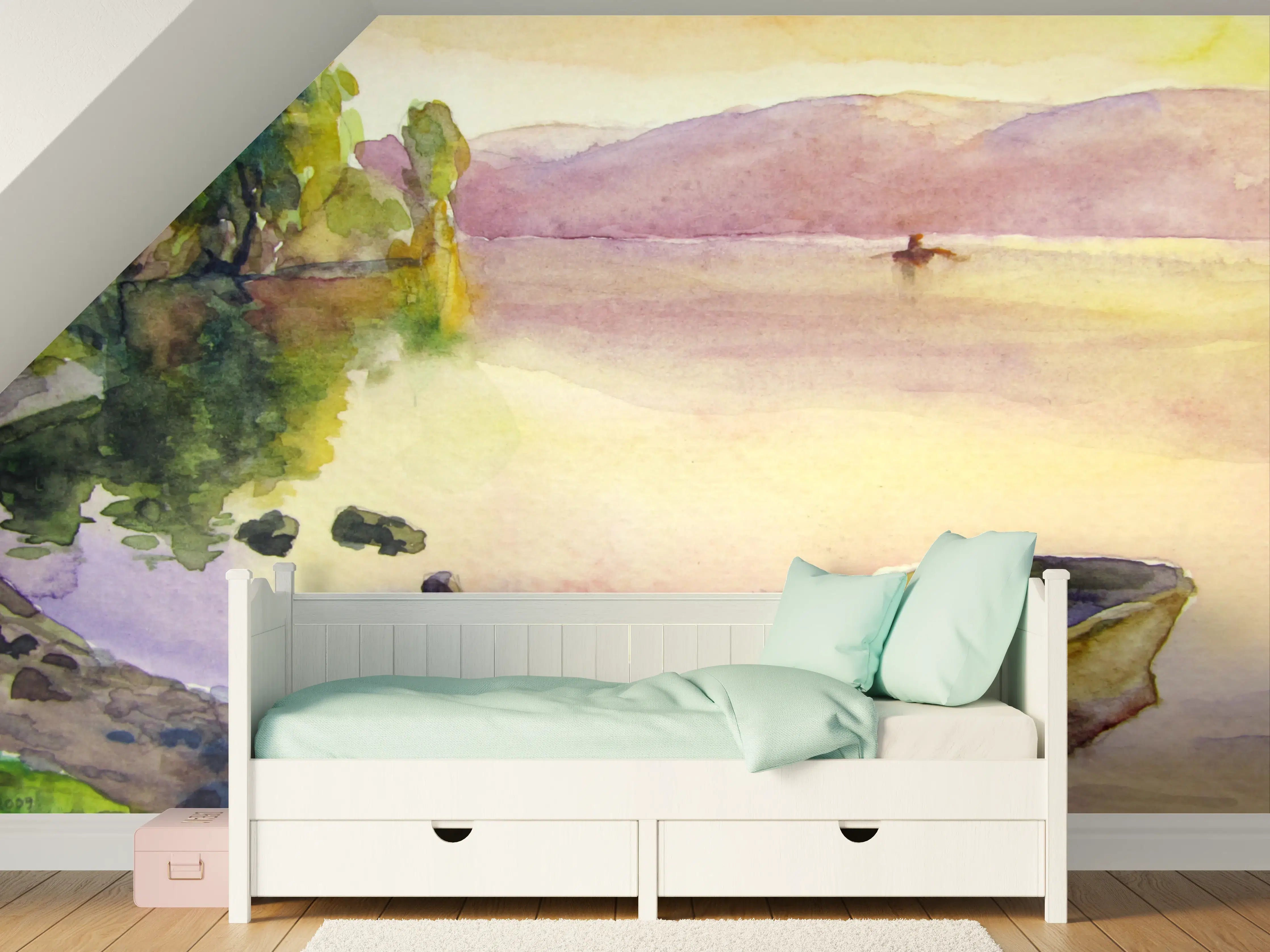 Kinderzimmer Wandgestaltung - Sanfter Sonnenuntergang am Wasser mit Boot