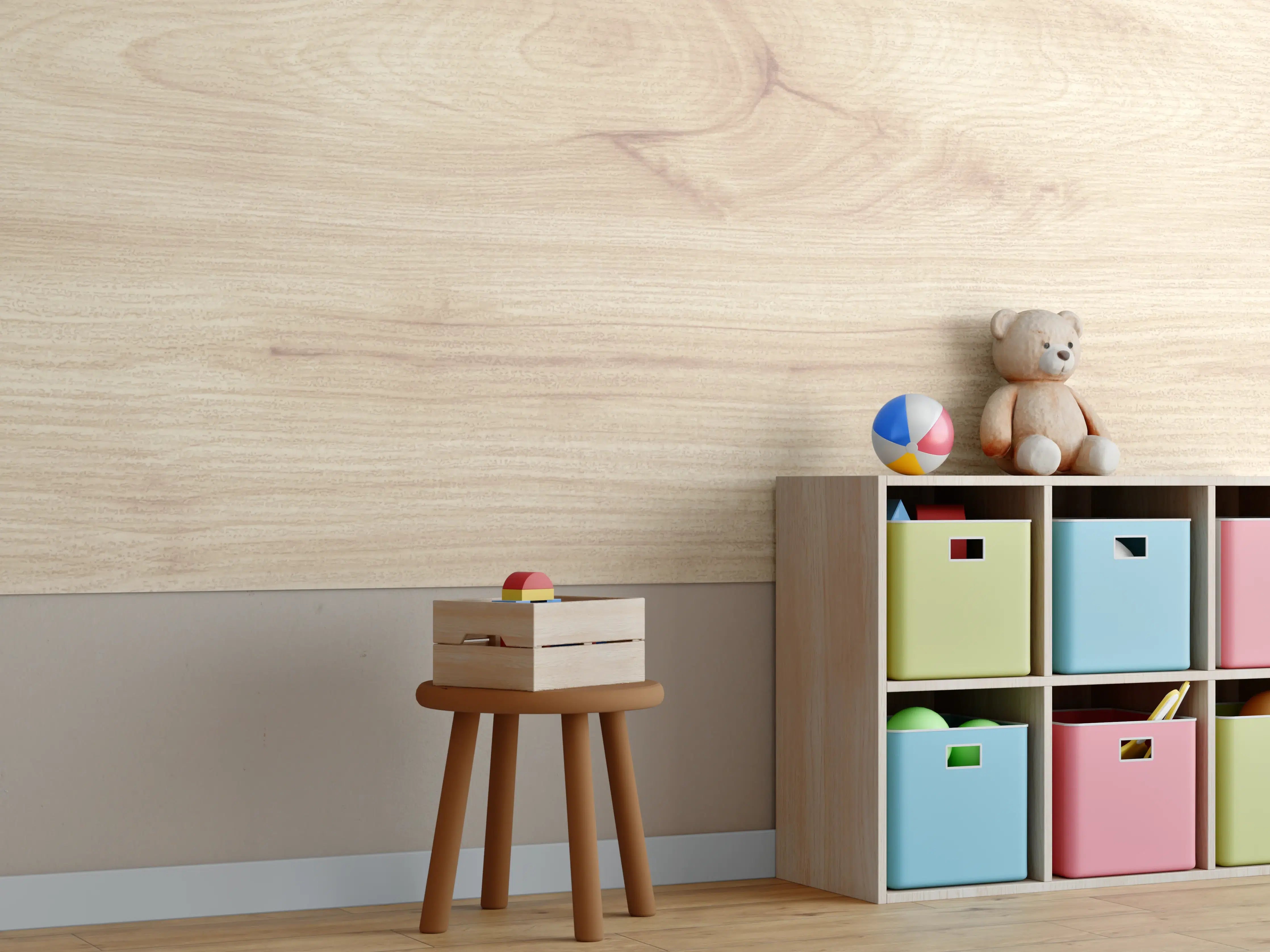Kinderzimmer Wandgestaltung - Sanftes Grau auf hellem Holz