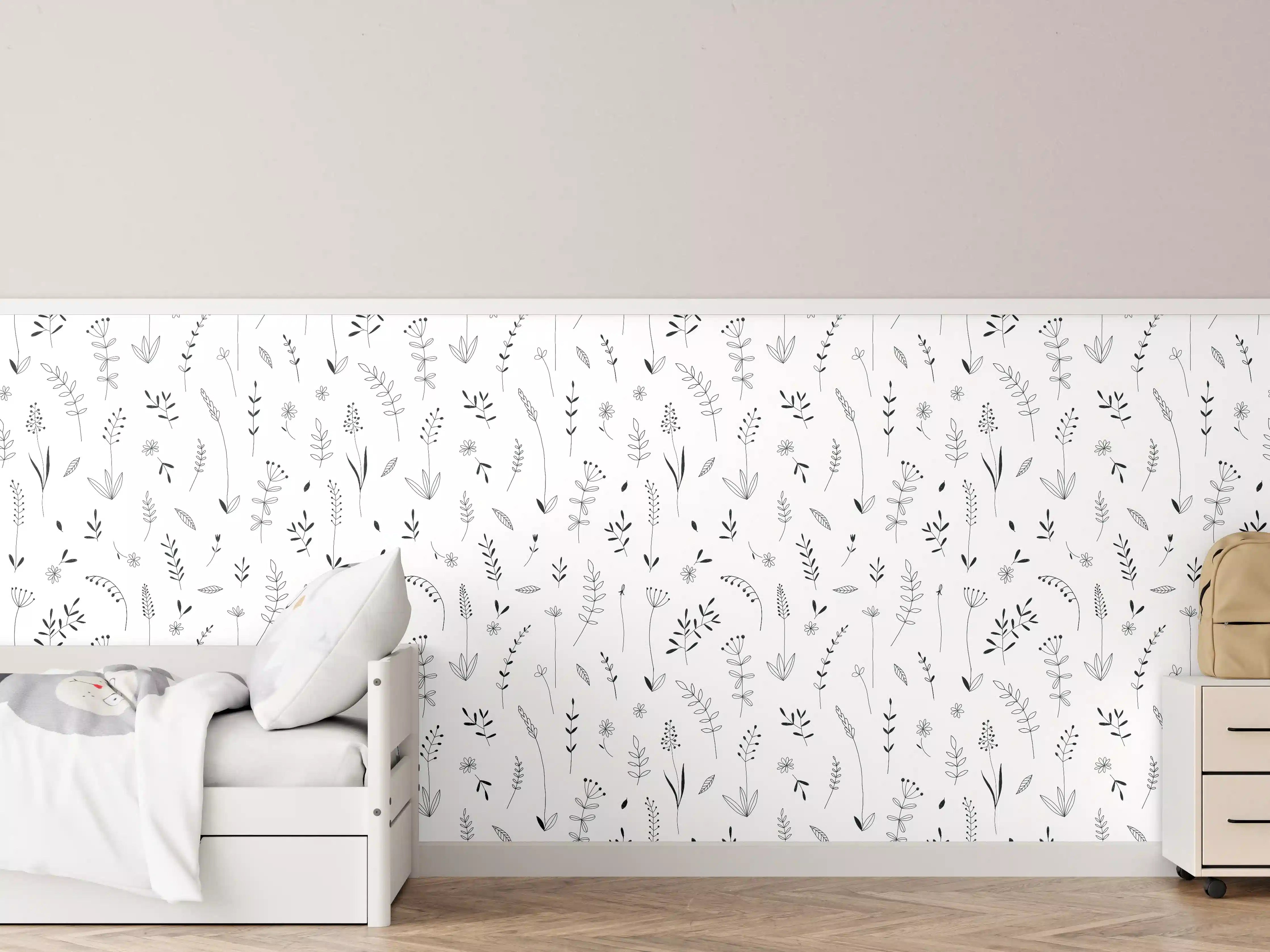 Kinderzimmer Wandgestaltung - Sanftes florales Muster in Grau und Weiß