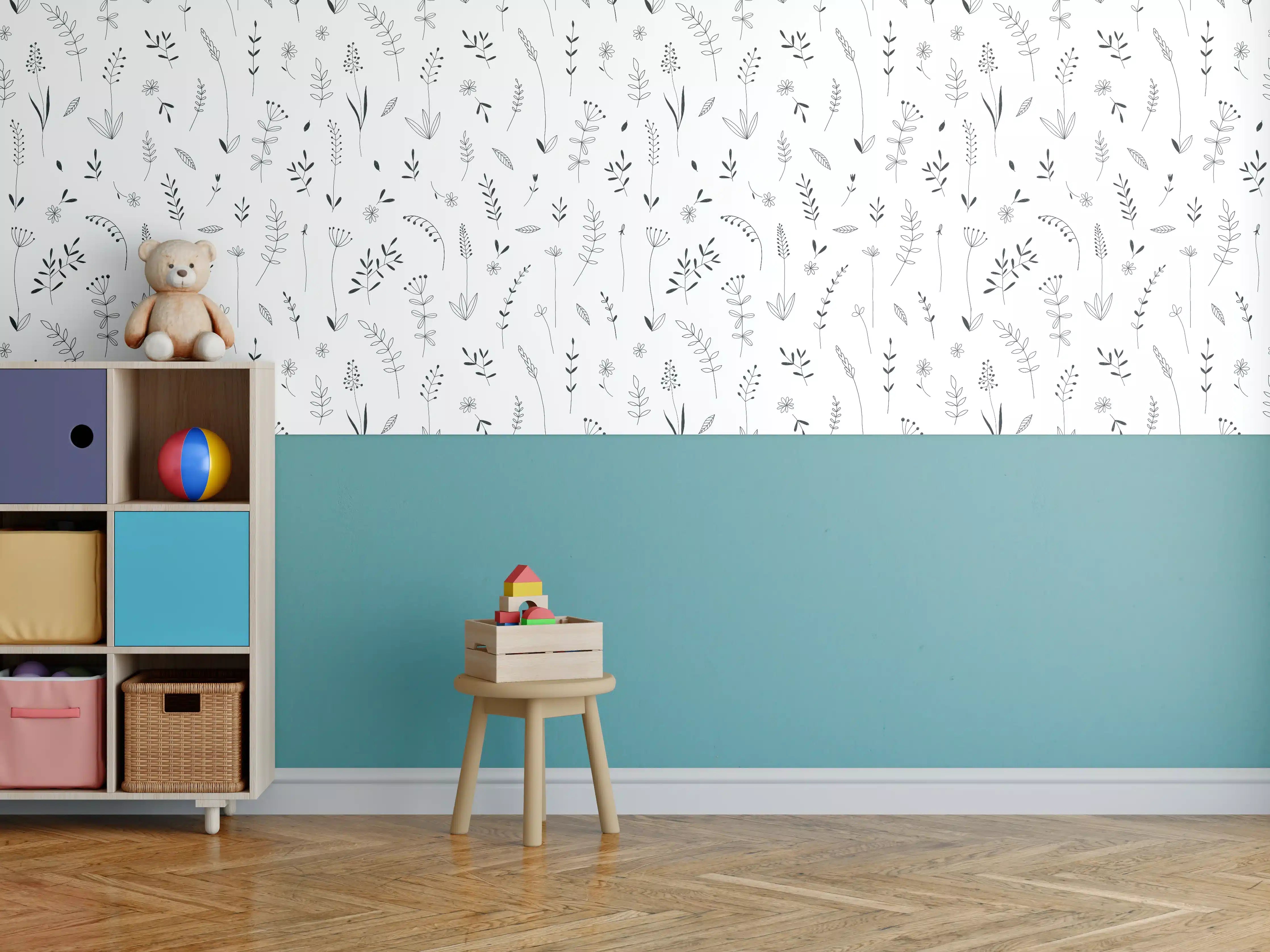 Kinderzimmer Wandgestaltung - Sanftes florales Muster in Grau und Weiß