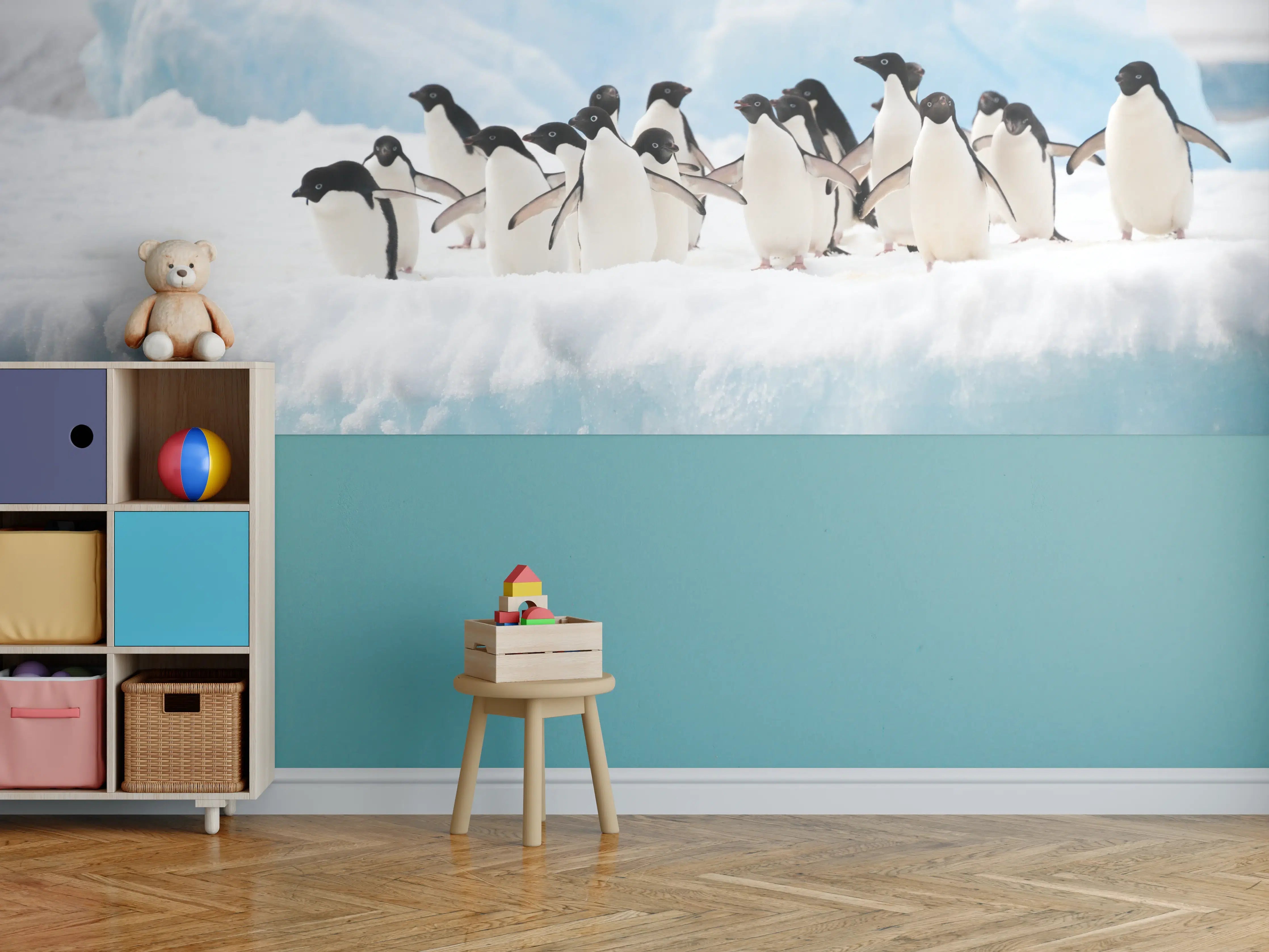 Kinderzimmer Wandgestaltung - Schlittenfahrt auf Eis mit Pinguinen