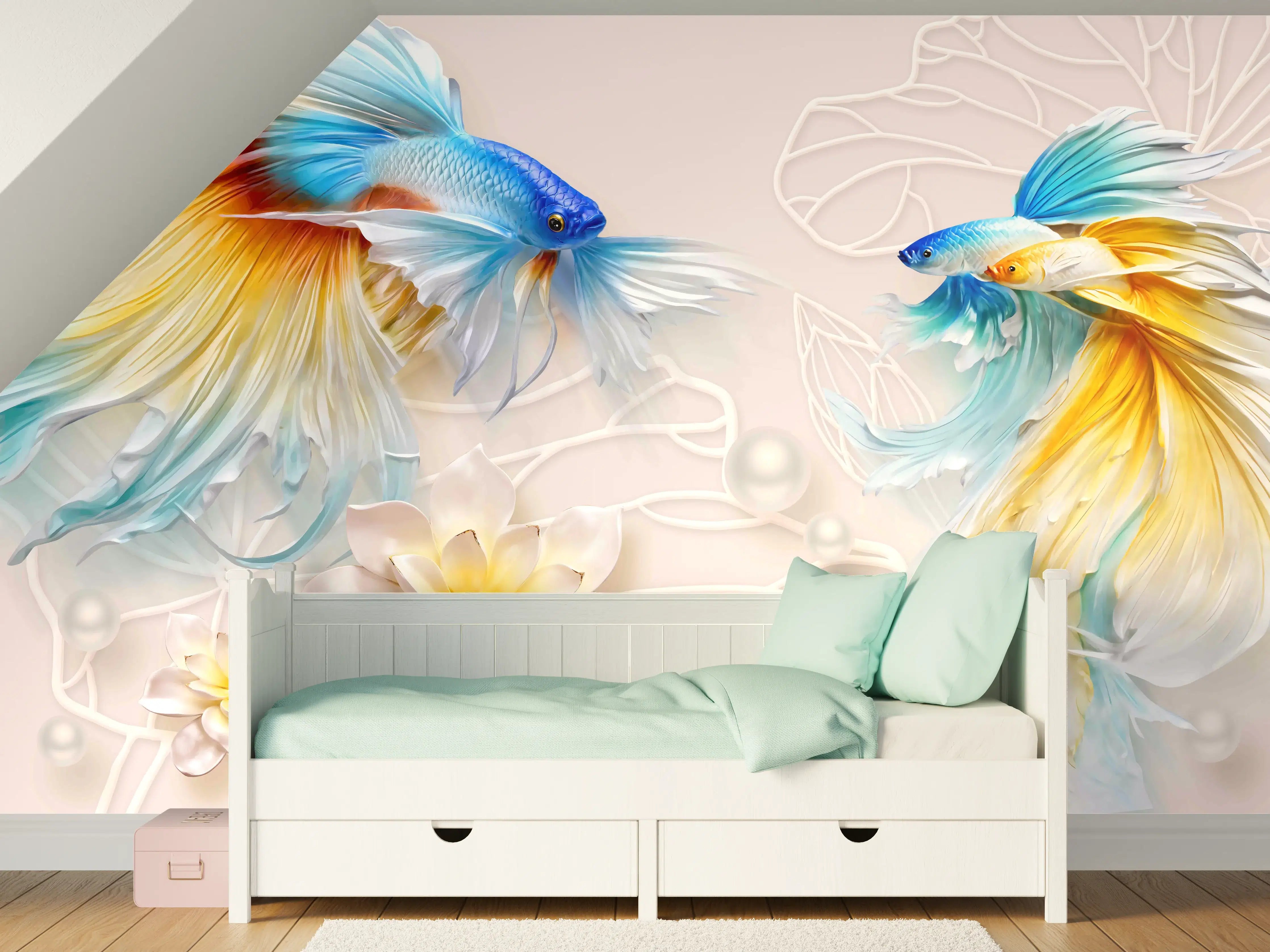 Kinderzimmer Wandgestaltung - Schöne Fische auf Rosa Hintergrund