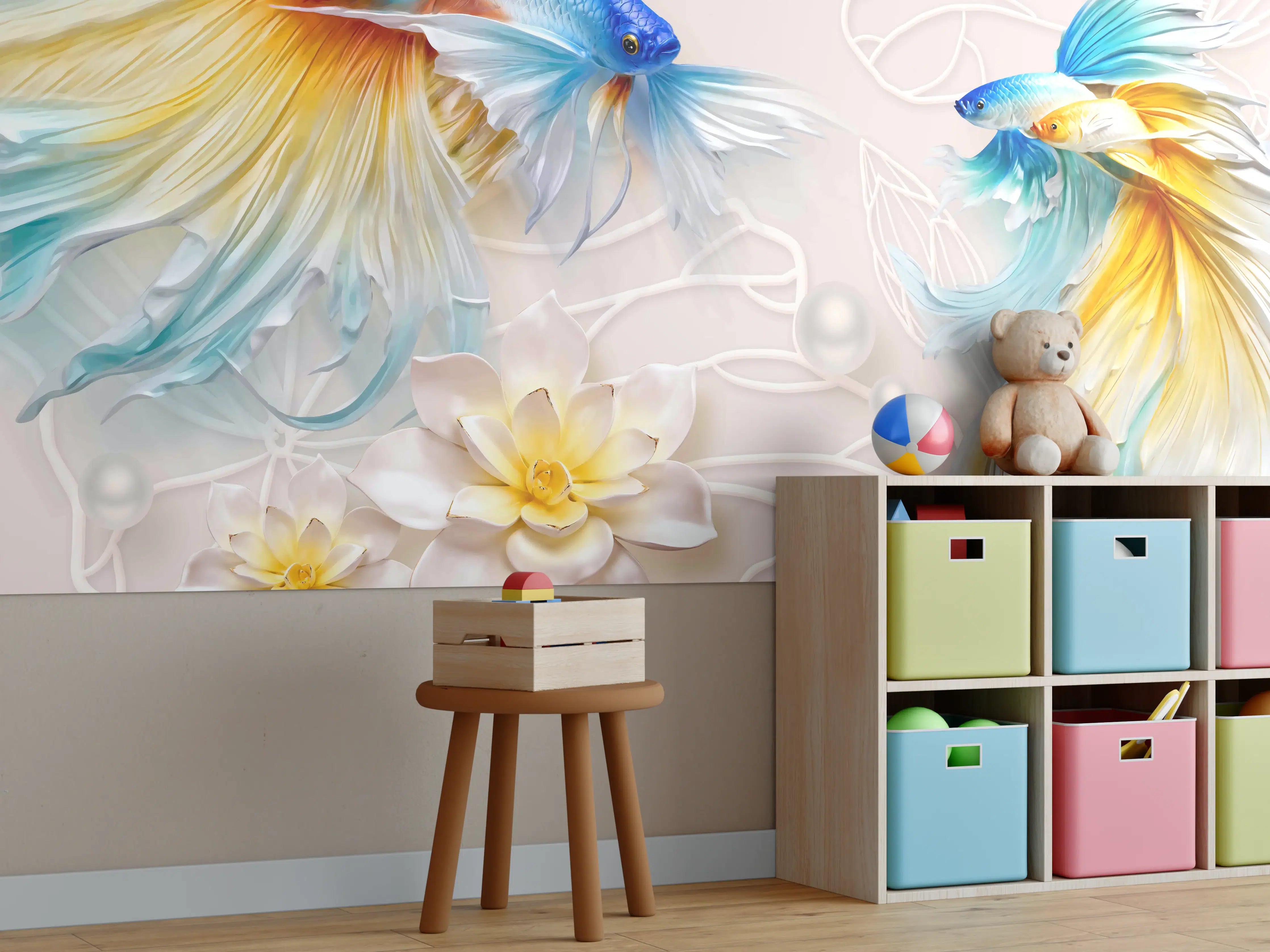 Kinderzimmer Wandgestaltung - Schöne Fische auf Rosa Hintergrund