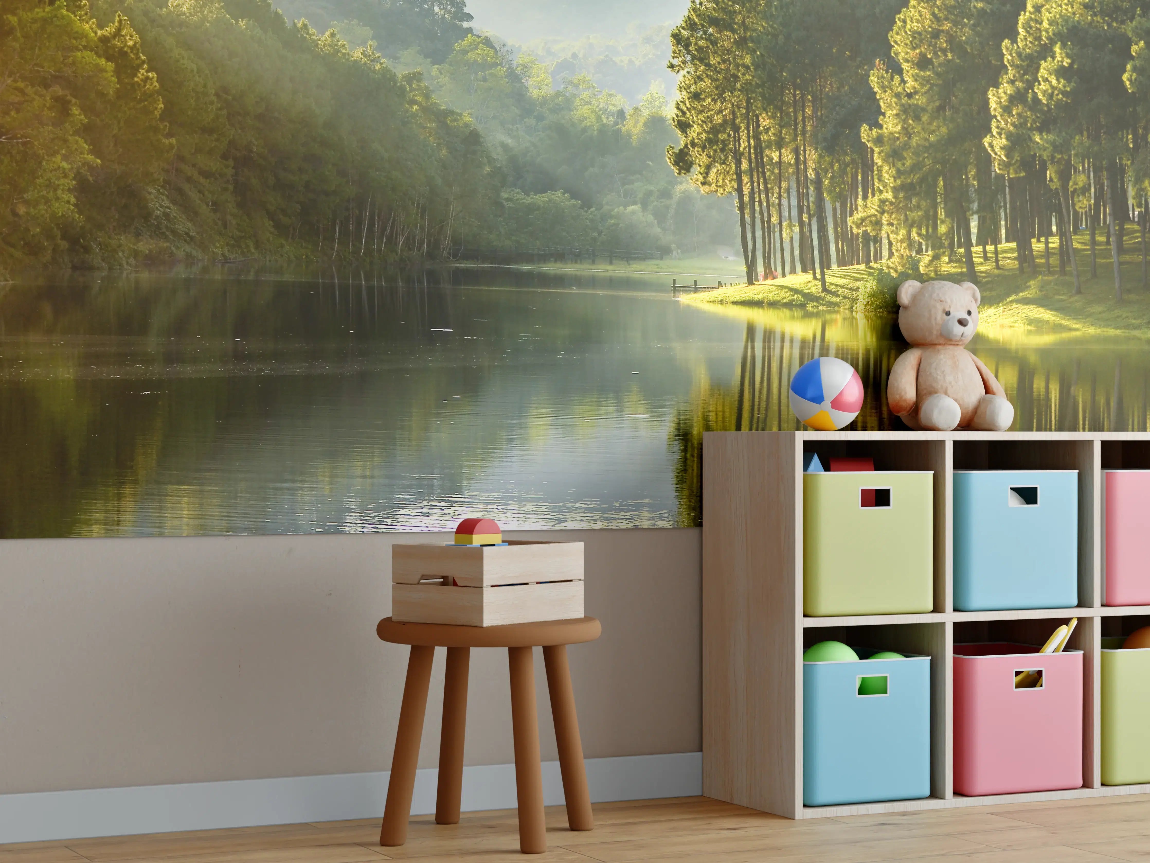 Kinderzimmer Wandgestaltung - Schöne Seelandschaft mit Kiefernwald