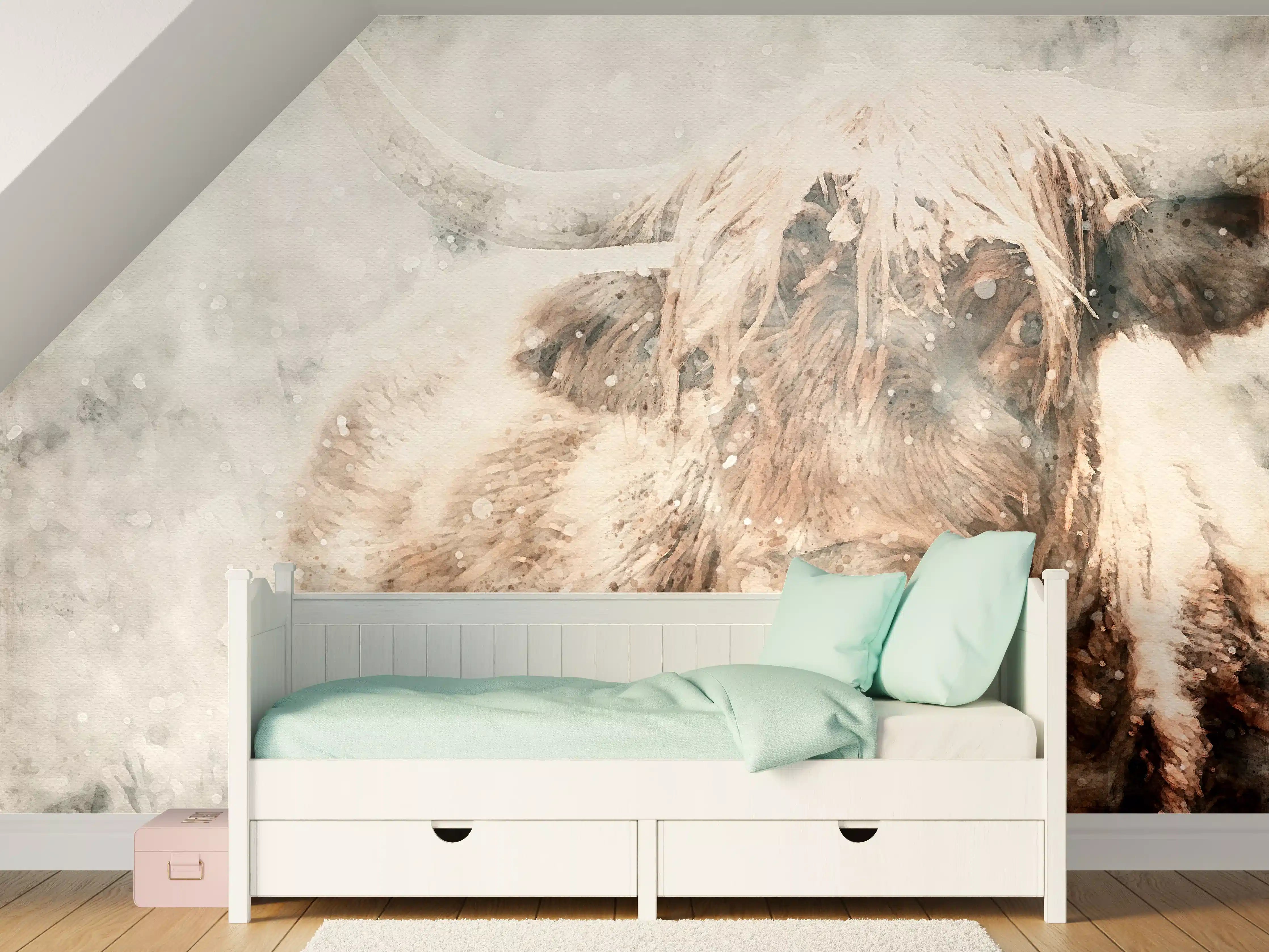 Kinderzimmer Wandgestaltung - Schottisches Hochlandrind bei Schnee