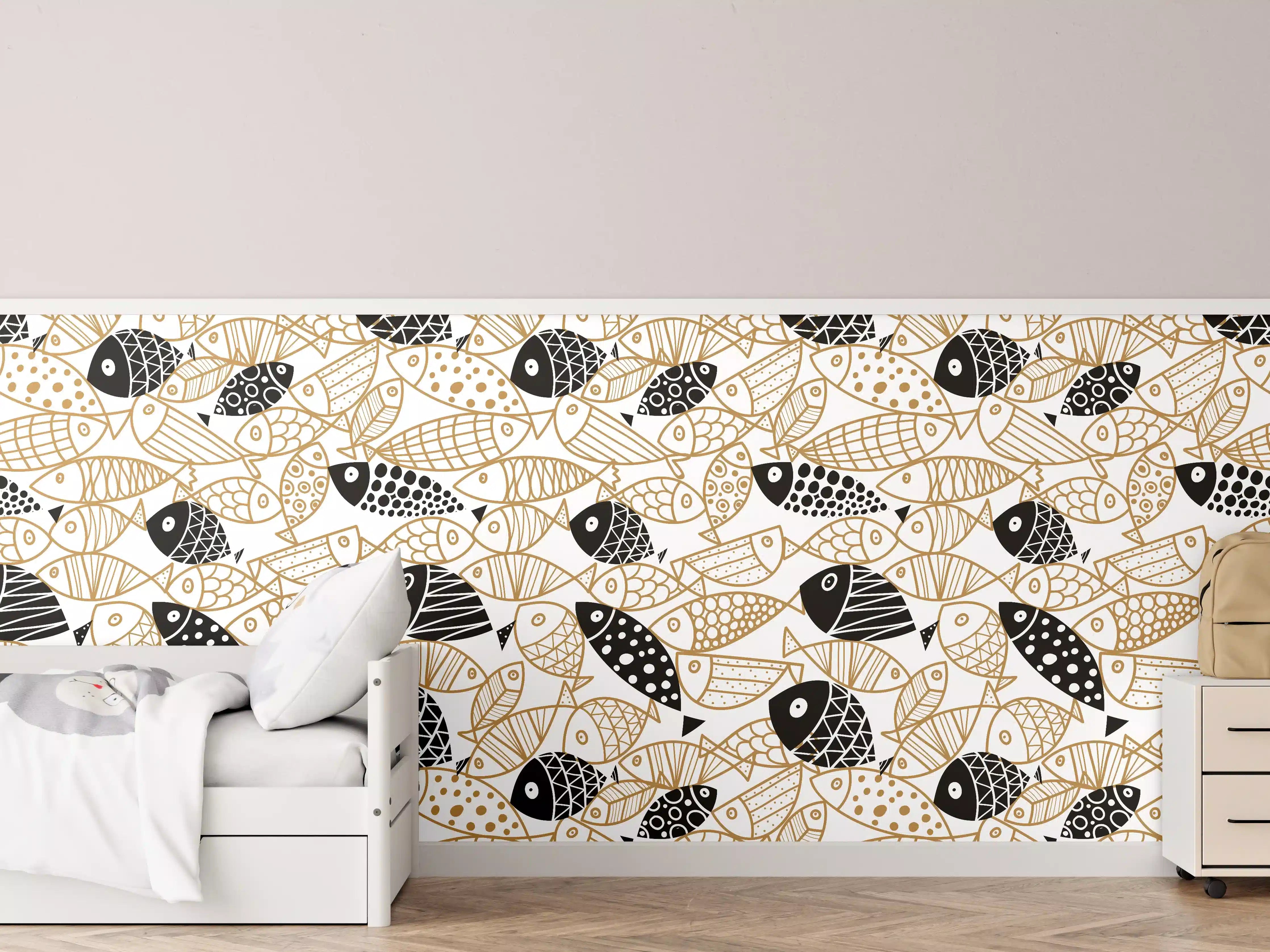Kinderzimmer Wandgestaltung - Schwarz-Gold Fische Muster