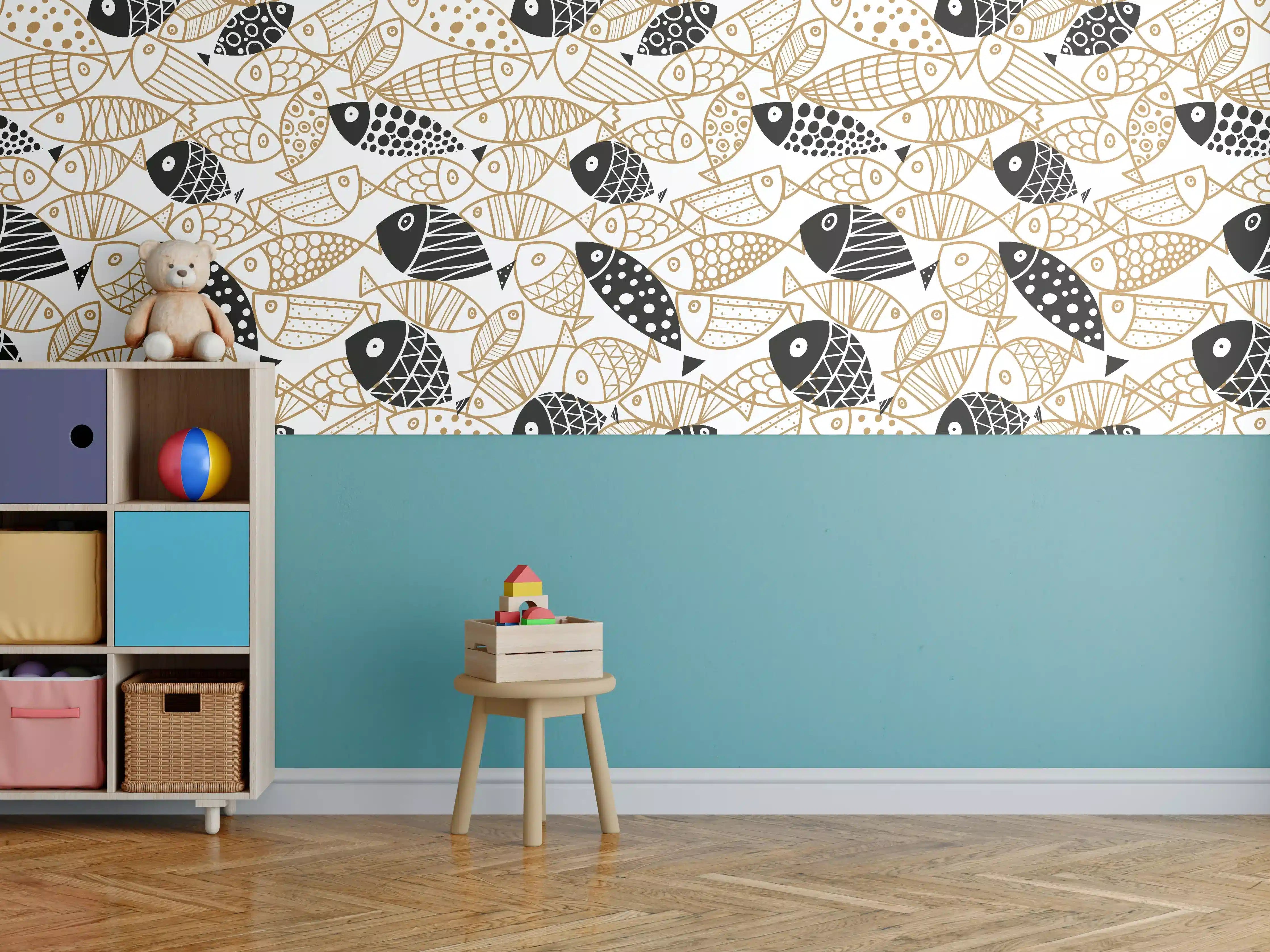 Kinderzimmer Wandgestaltung - Schwarz-Gold Fische Muster