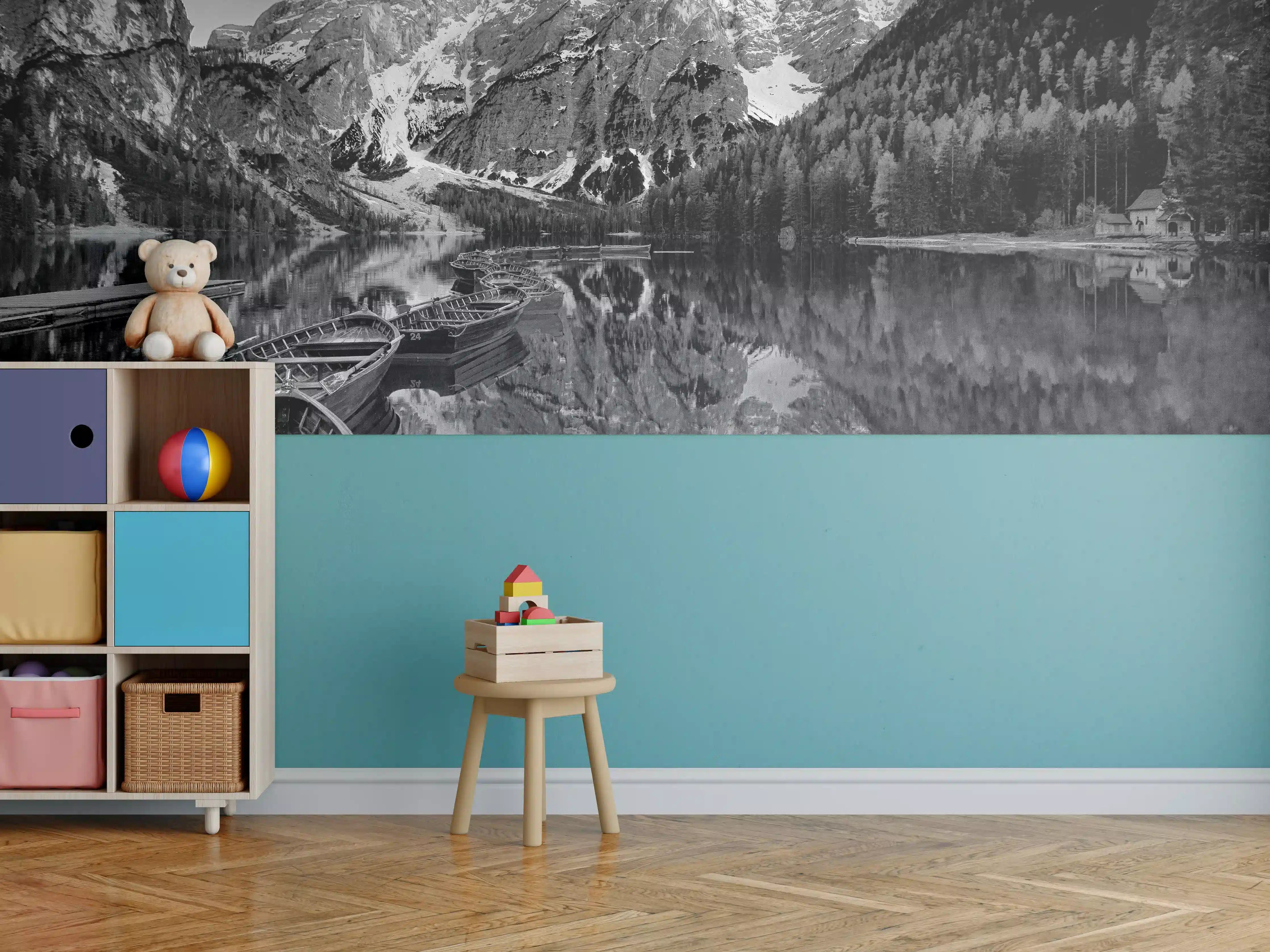 Kinderzimmer Wandgestaltung - Schwarz-Weiß Bergsee Idylle