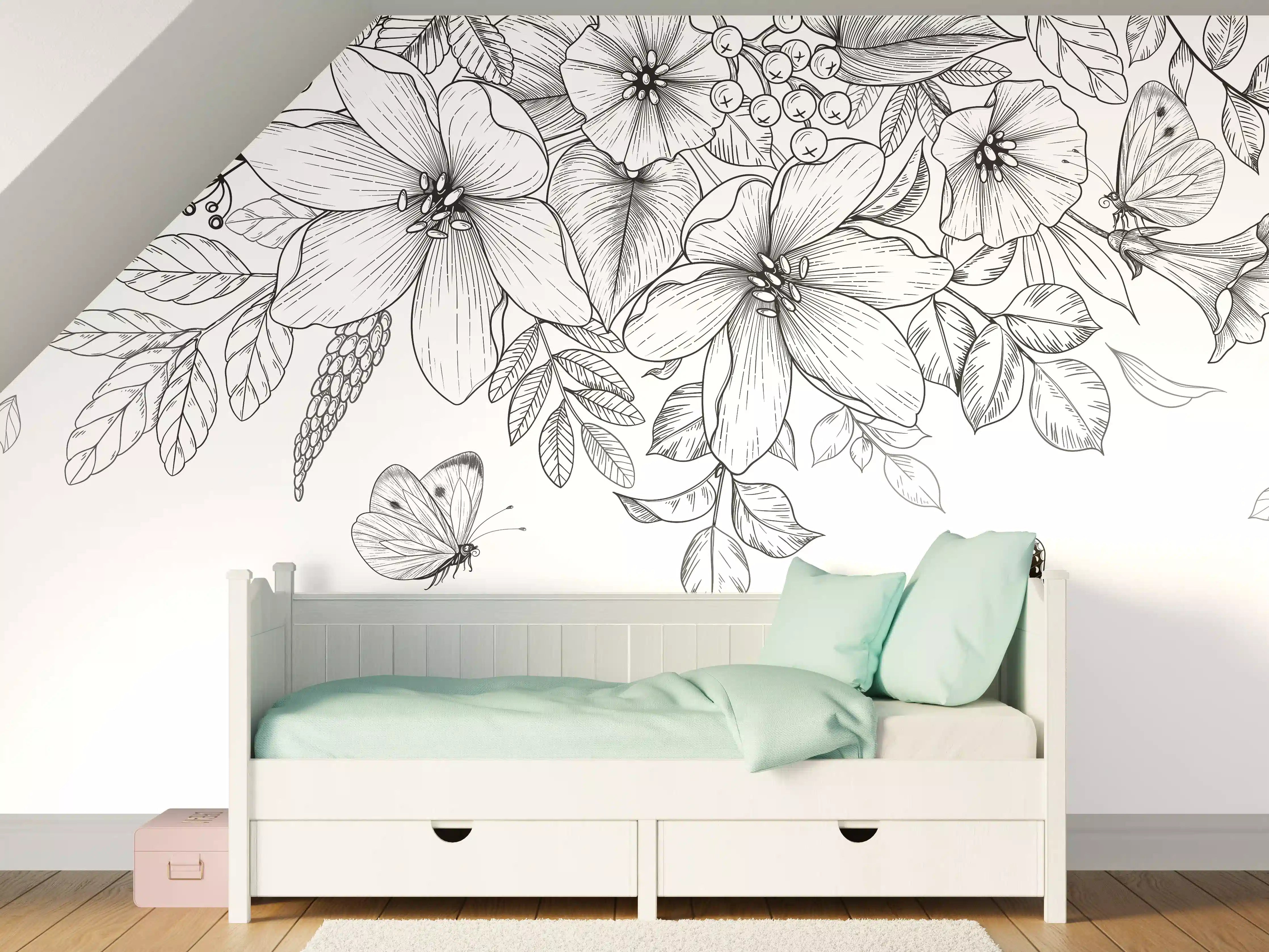 Kinderzimmer Wandgestaltung - Schwarz-Weiß Floralzeichnung