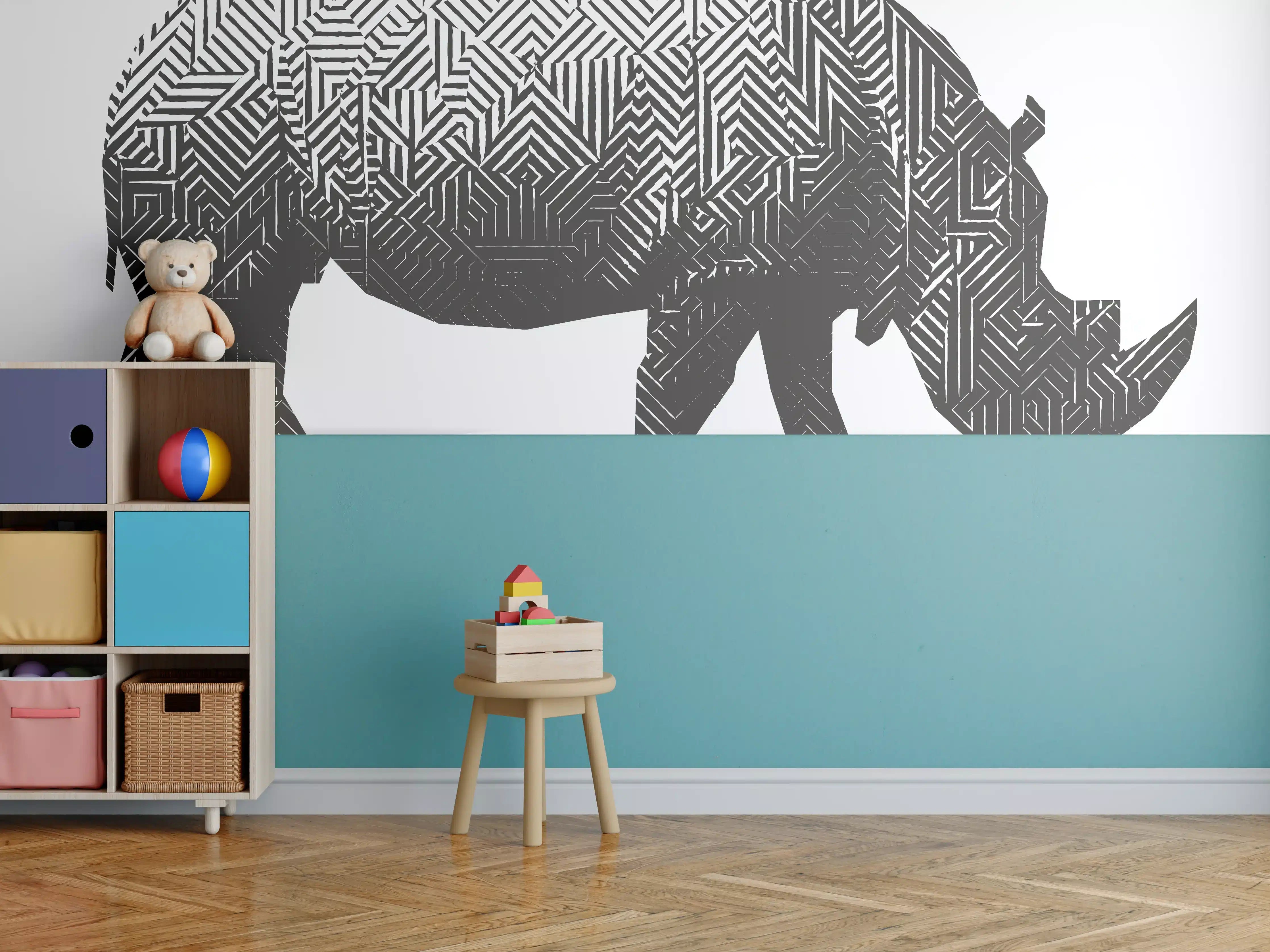 Kinderzimmer Wandgestaltung - Schwarz-Weiß Grafik Nashorn