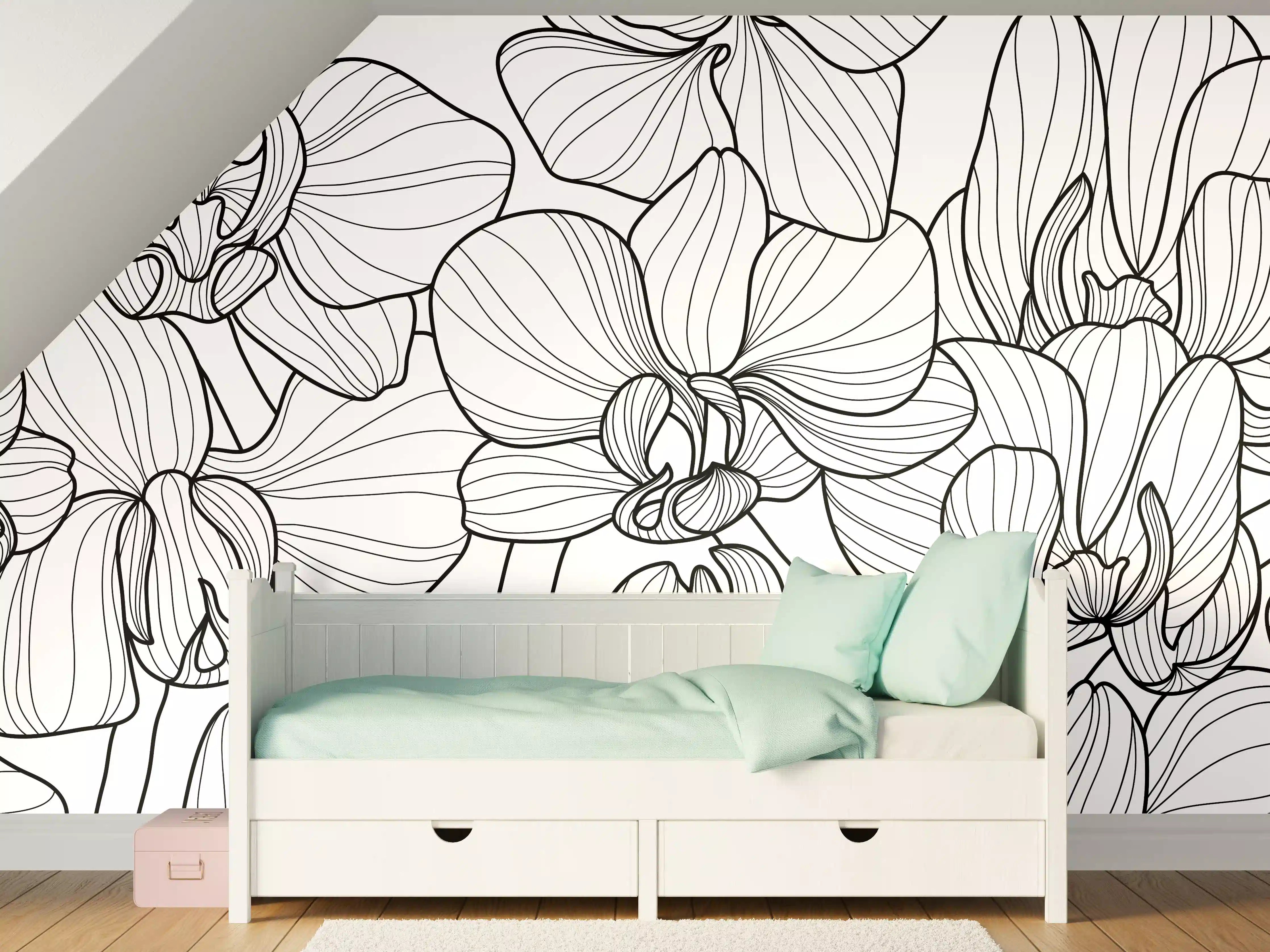Kinderzimmer Wandgestaltung - Schwarz-Weiß Orchideenzeichnung