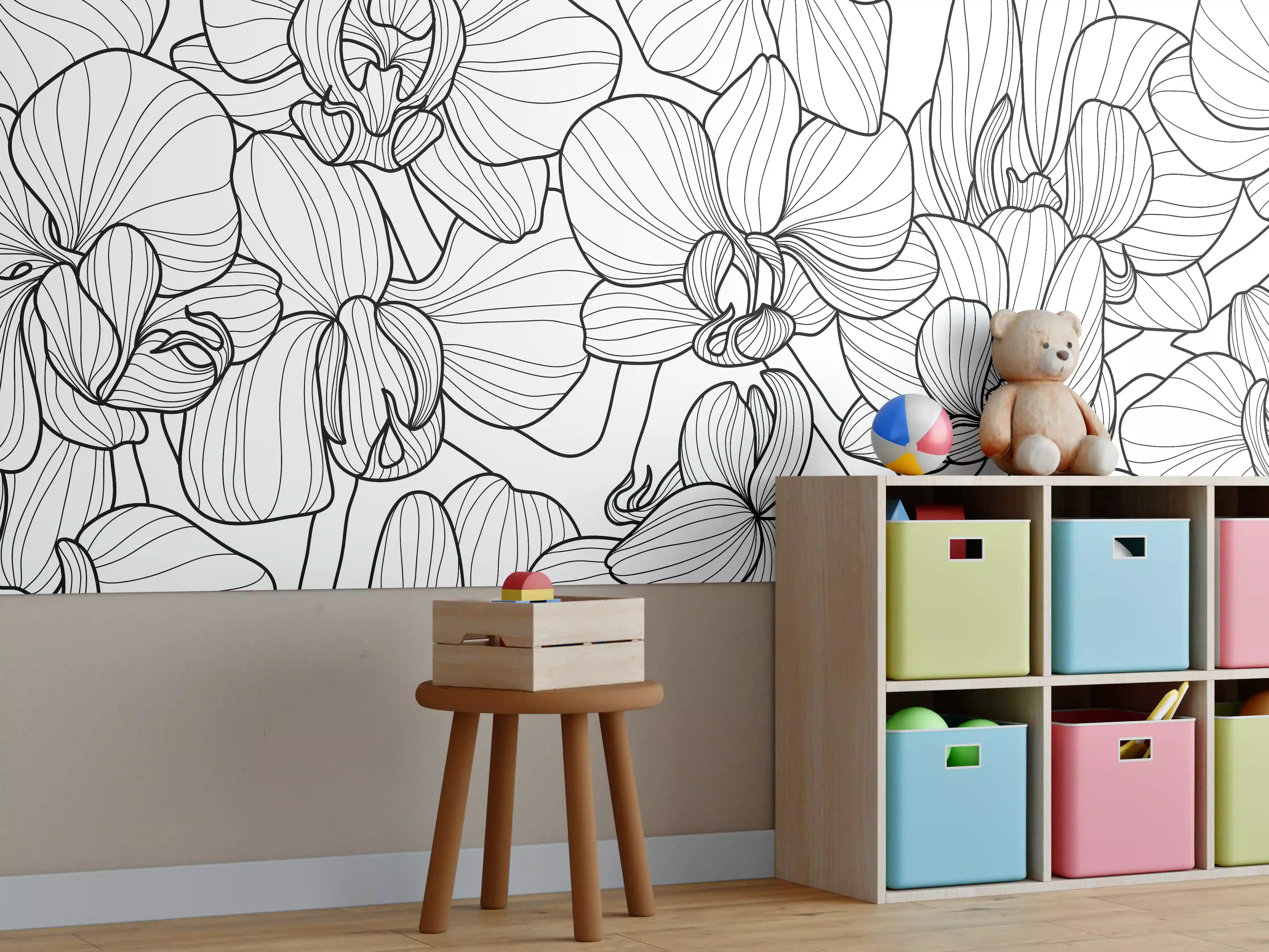 Kinderzimmer Wandgestaltung - Schwarz-Weiß Orchideenzeichnung