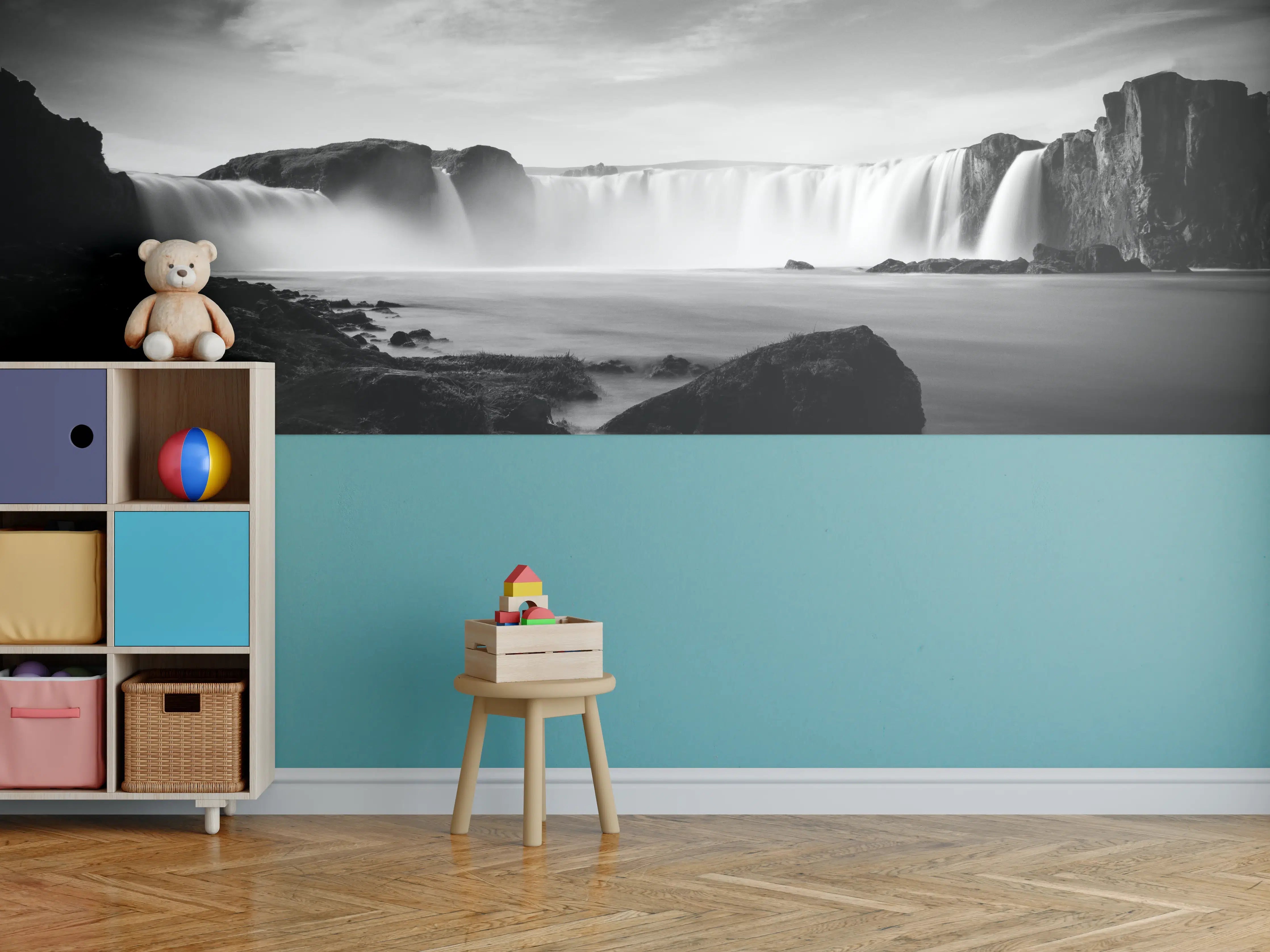 Kinderzimmer Wandgestaltung - Schwarz-Weiß Wasserfallpanorama