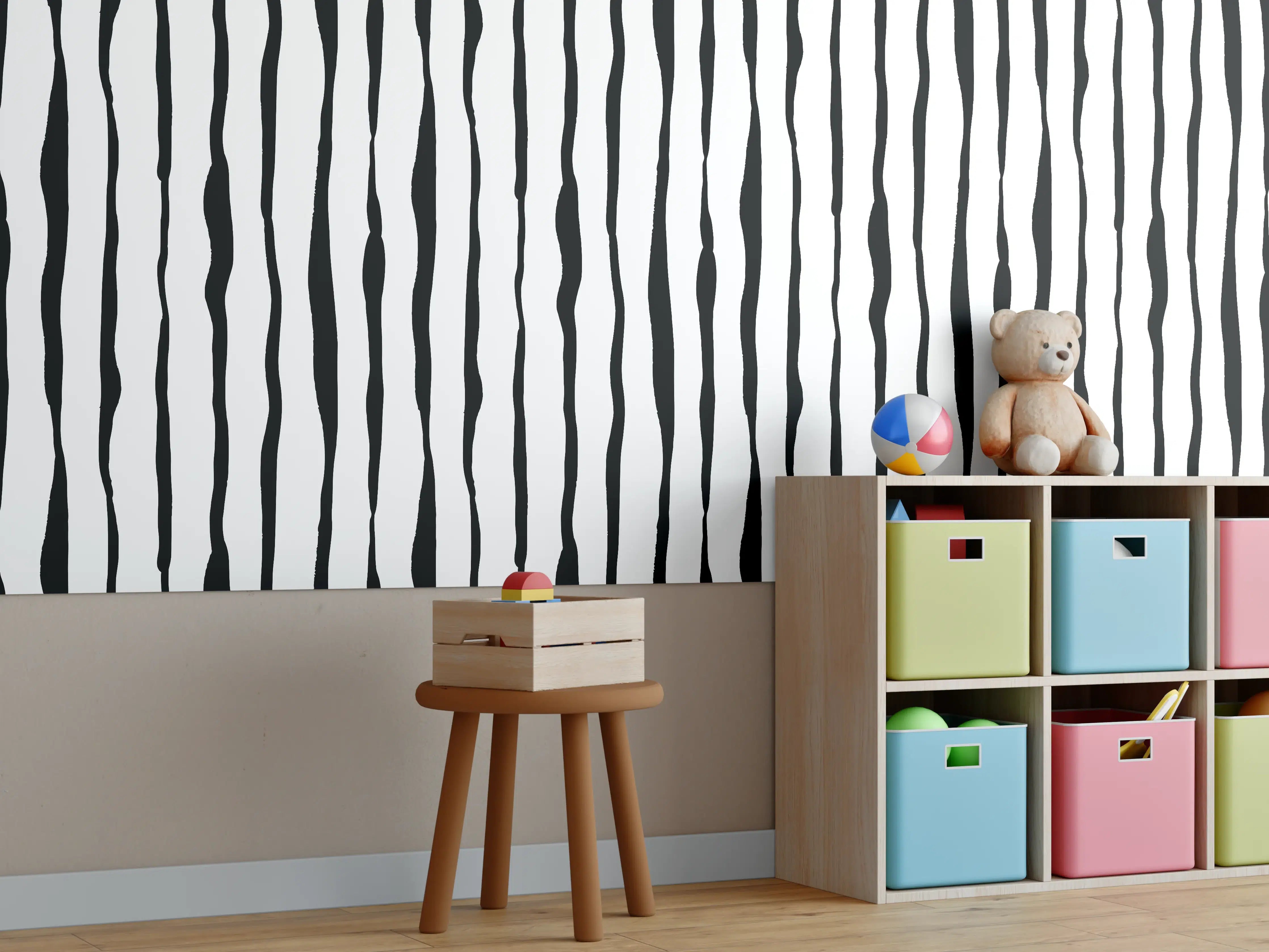Kinderzimmer Wandgestaltung - Schwarz-Weiß-Wassermuster mit Linien