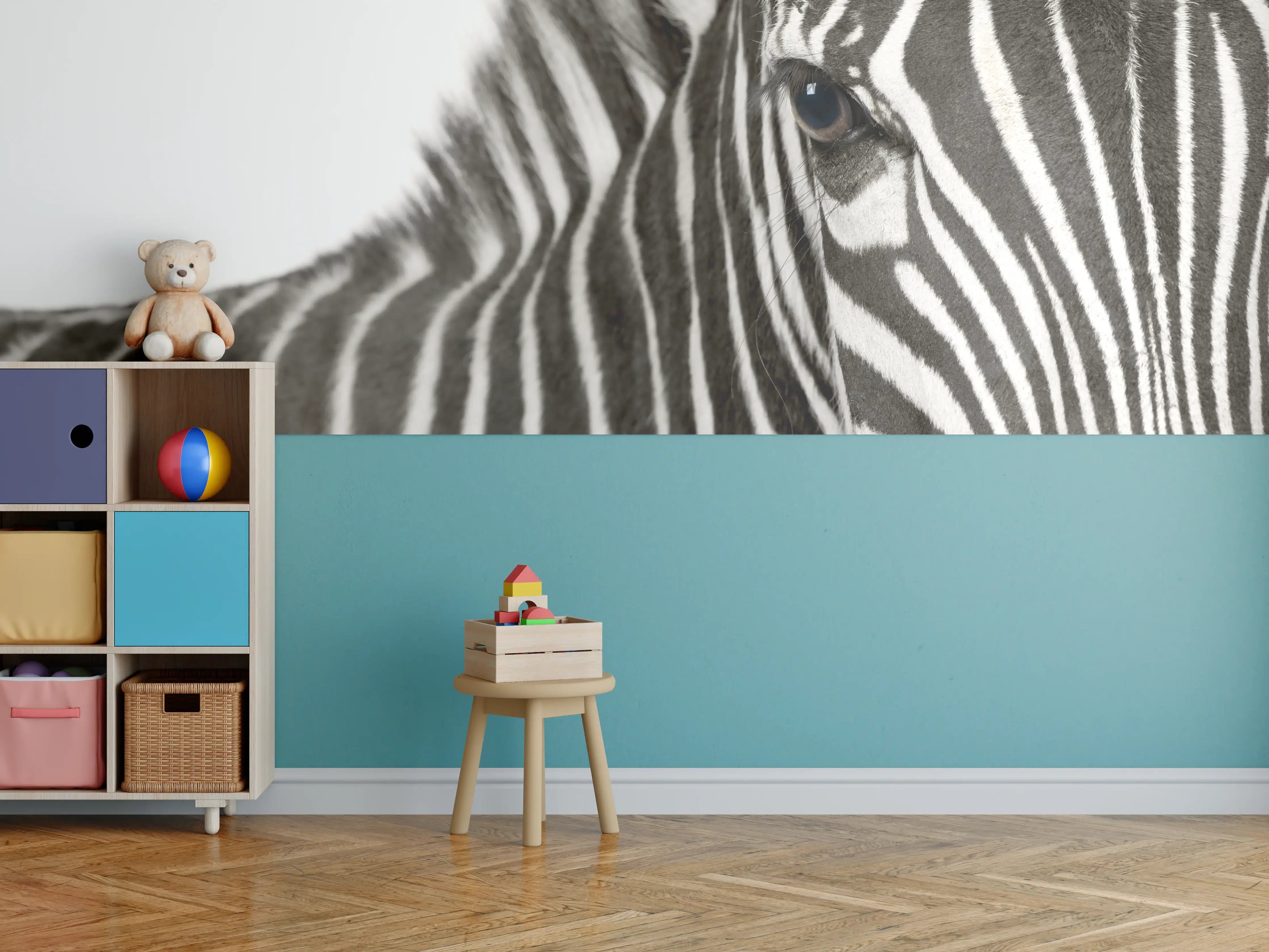Kinderzimmer Wandgestaltung - Schwarz-Weiß Zebra mit Fokus auf Kopfdetails