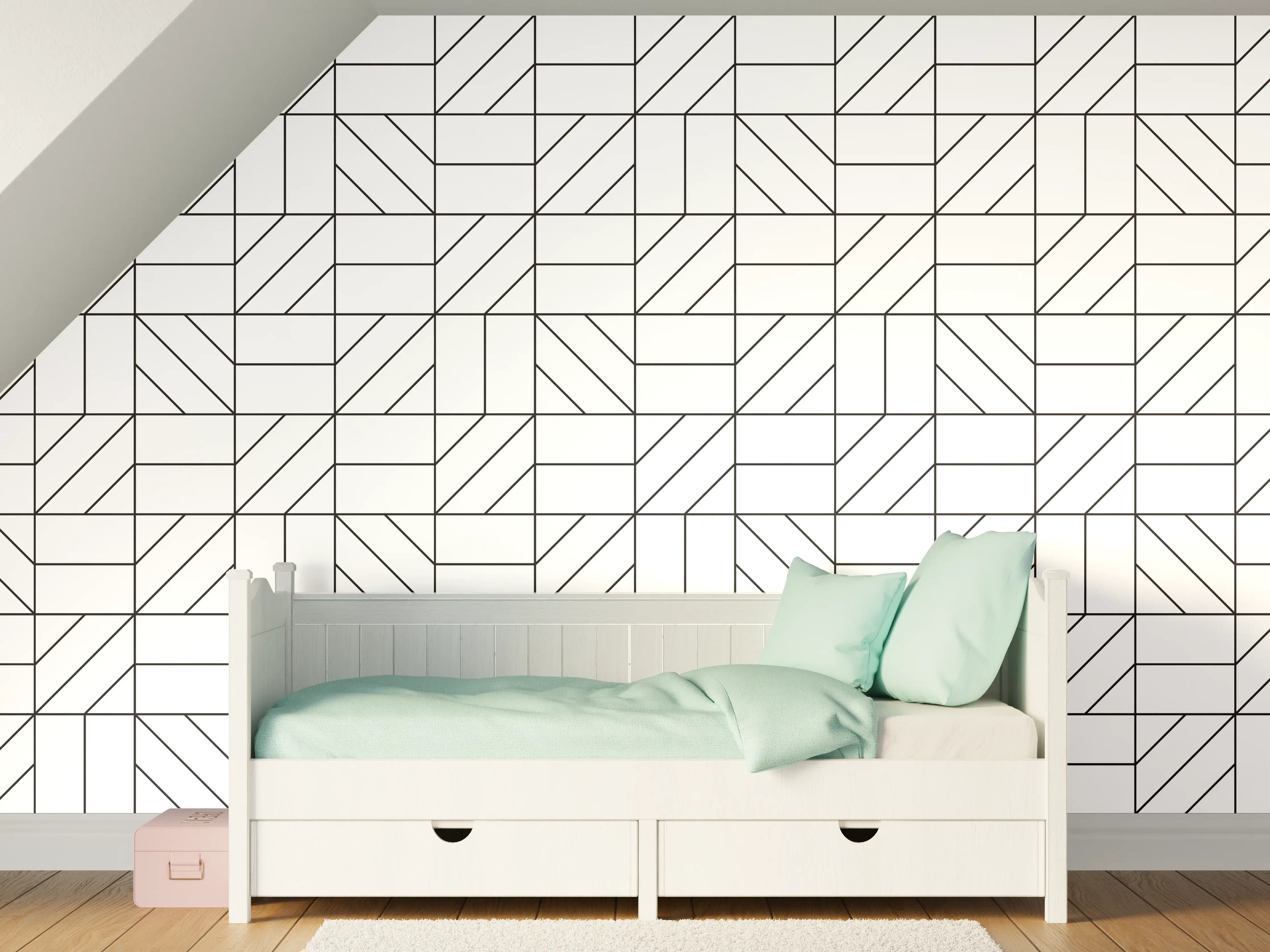 Kinderzimmer Wandgestaltung - Schwarz-Weiße Liniengrafik mit geometrischem Muster