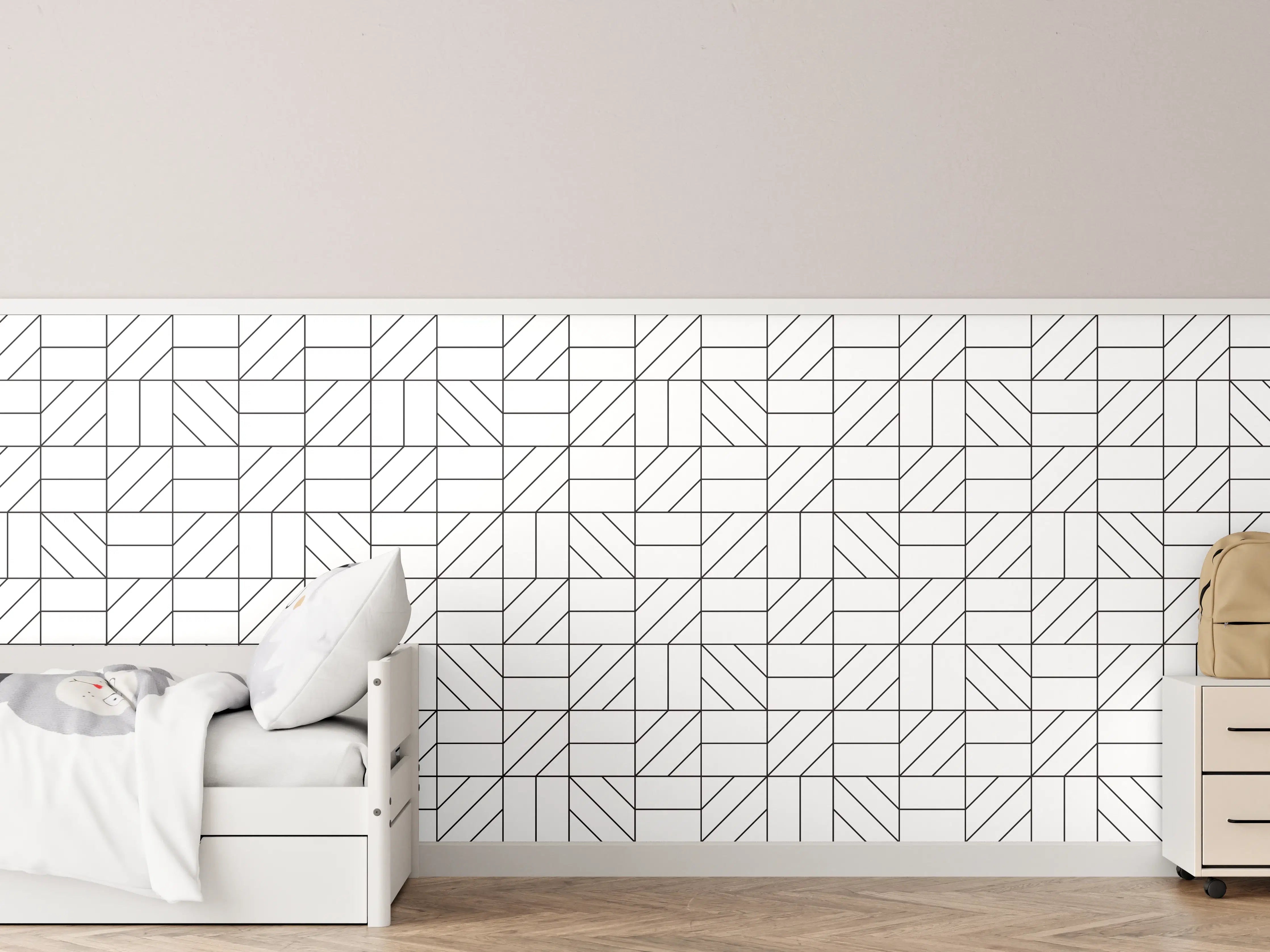 Kinderzimmer Wandgestaltung - Schwarz-Weiße Liniengrafik mit geometrischem Muster