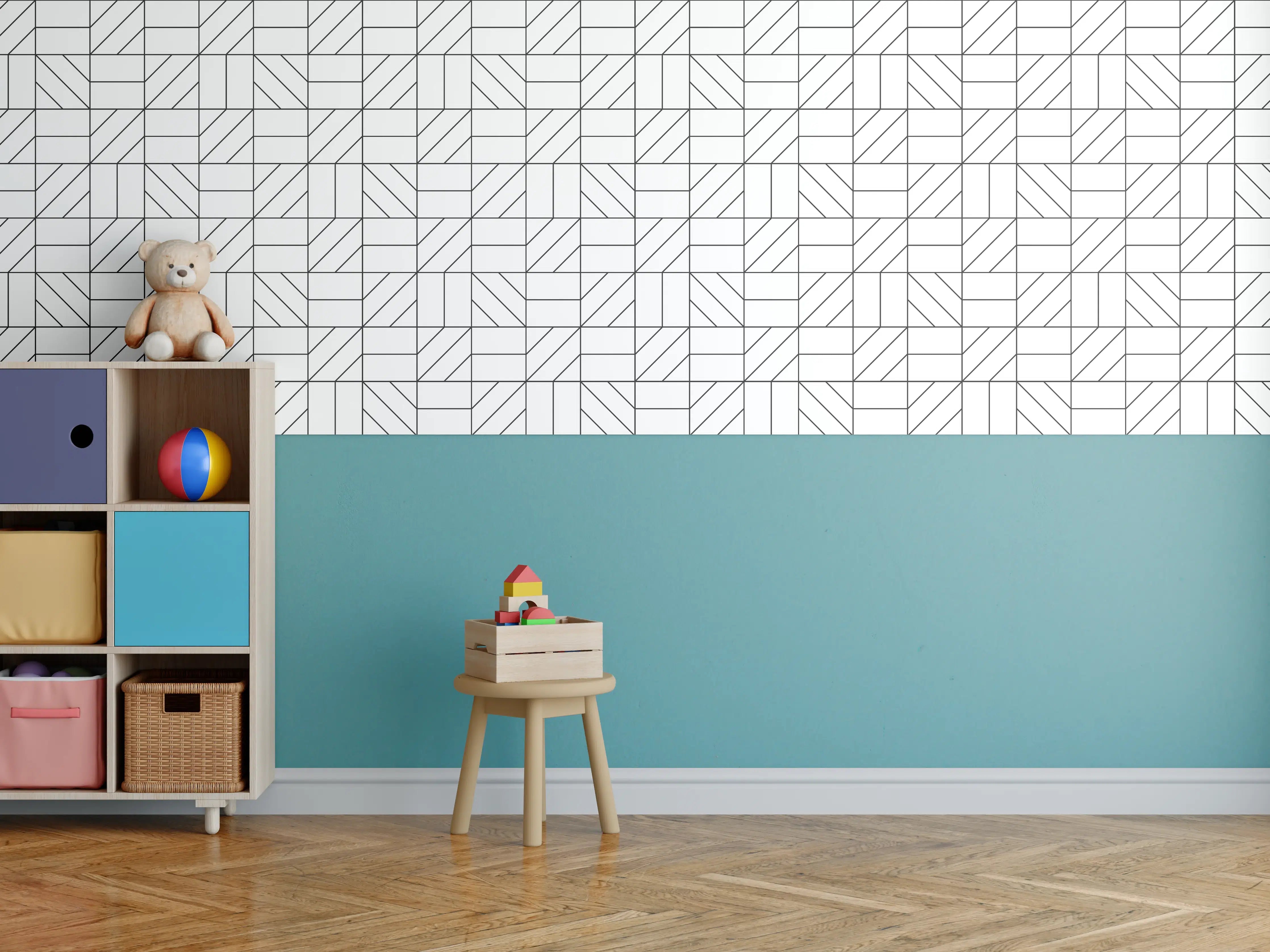 Kinderzimmer Wandgestaltung - Schwarz-Weiße Liniengrafik mit geometrischem Muster