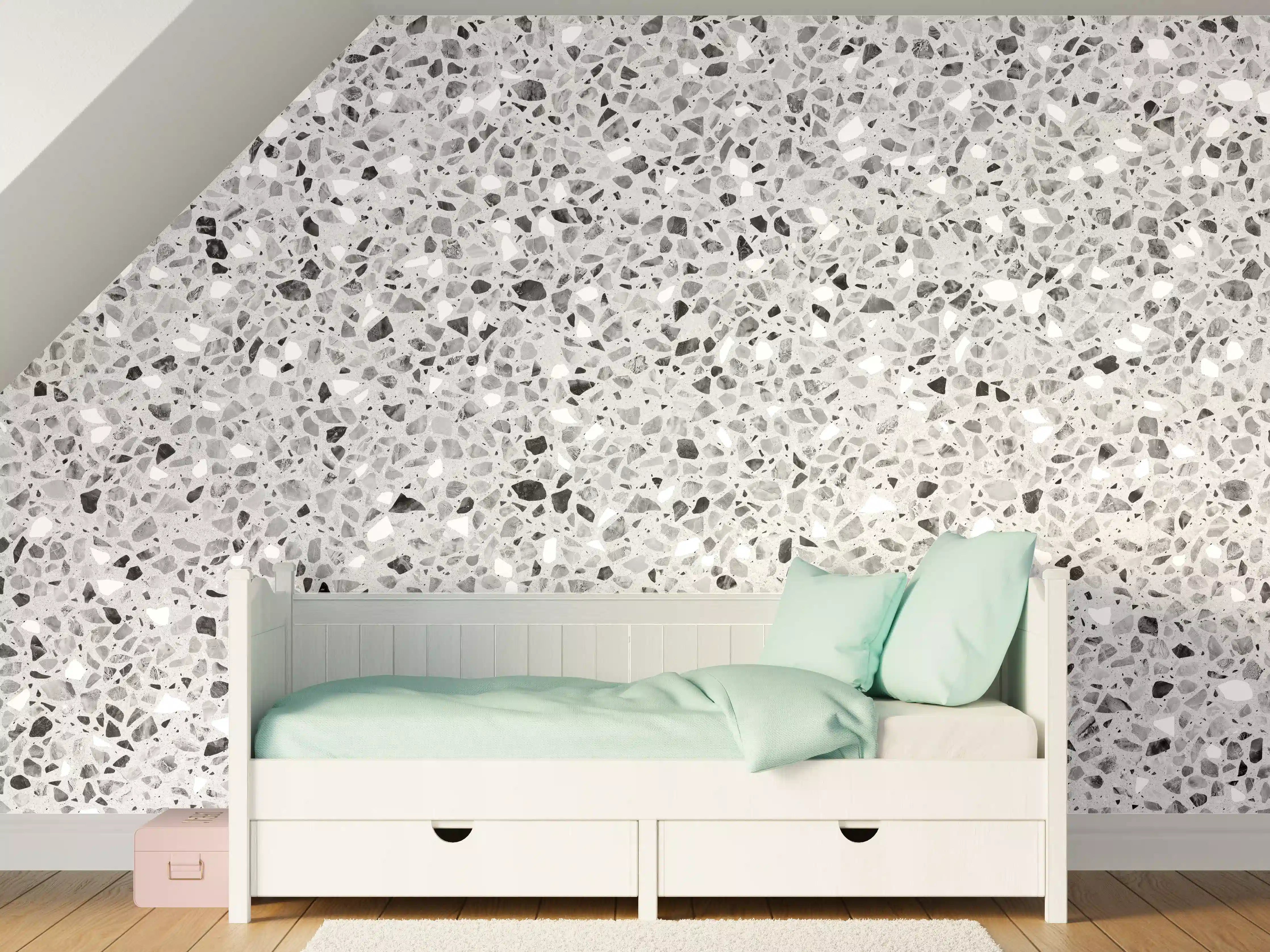 Kinderzimmer Wandgestaltung - Schwarz-Weiße graue Terrazzo Stein Textur