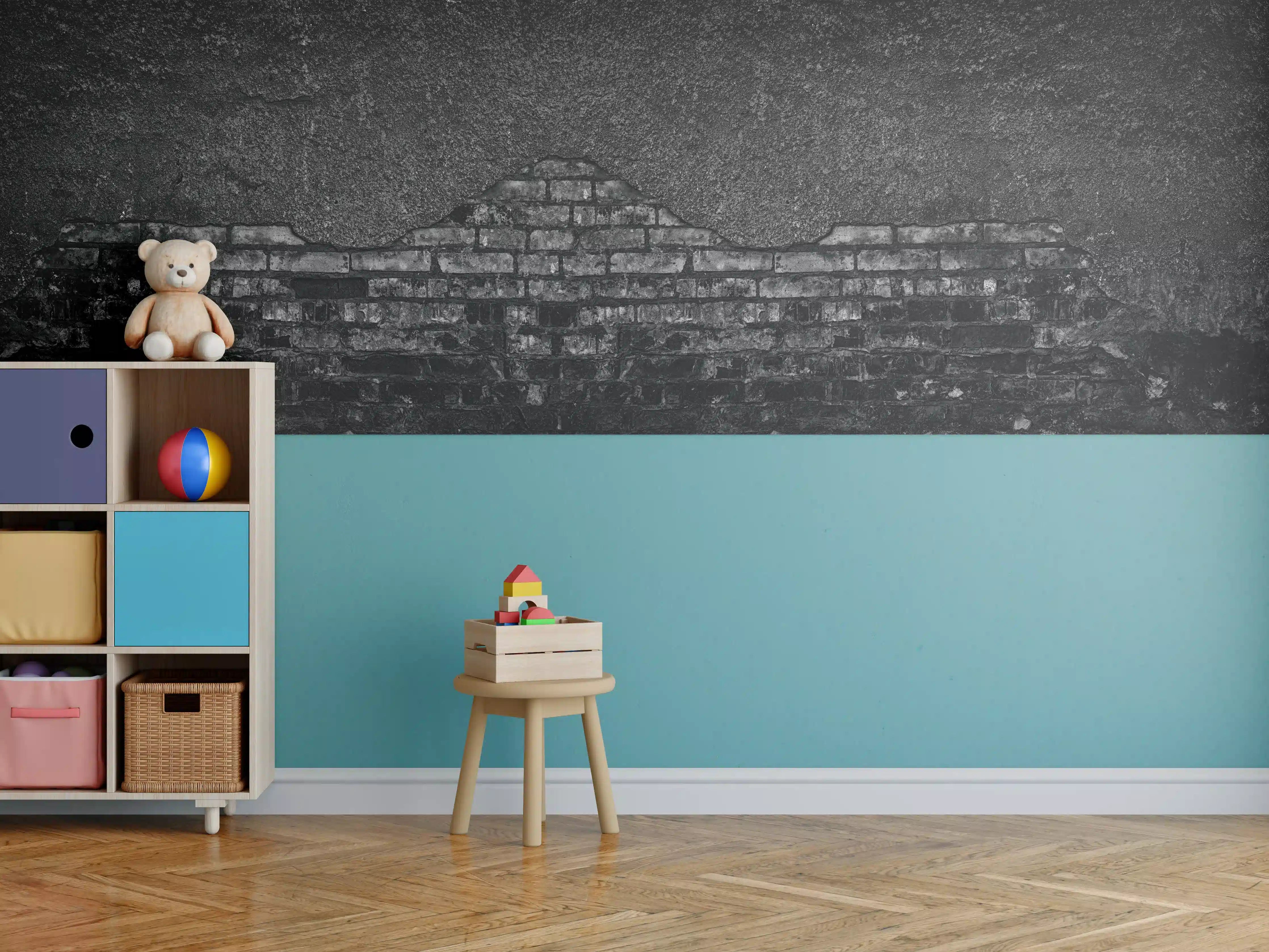 Kinderzimmer Wandgestaltung - Schwarz gebrannte Ziegelwand mit abgefallenem Putz
