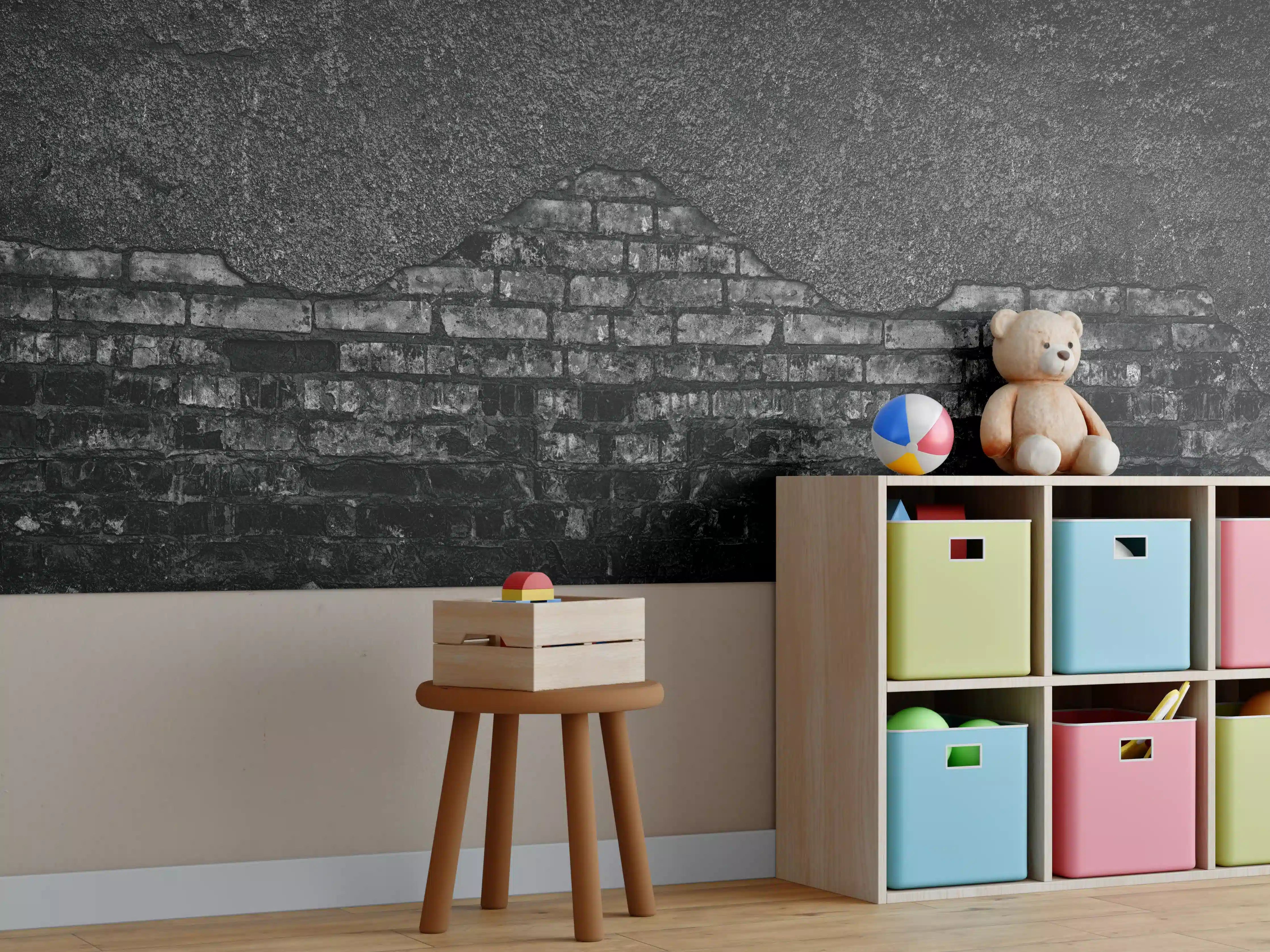 Kinderzimmer Wandgestaltung - Schwarz gebrannte Ziegelwand mit abgefallenem Putz