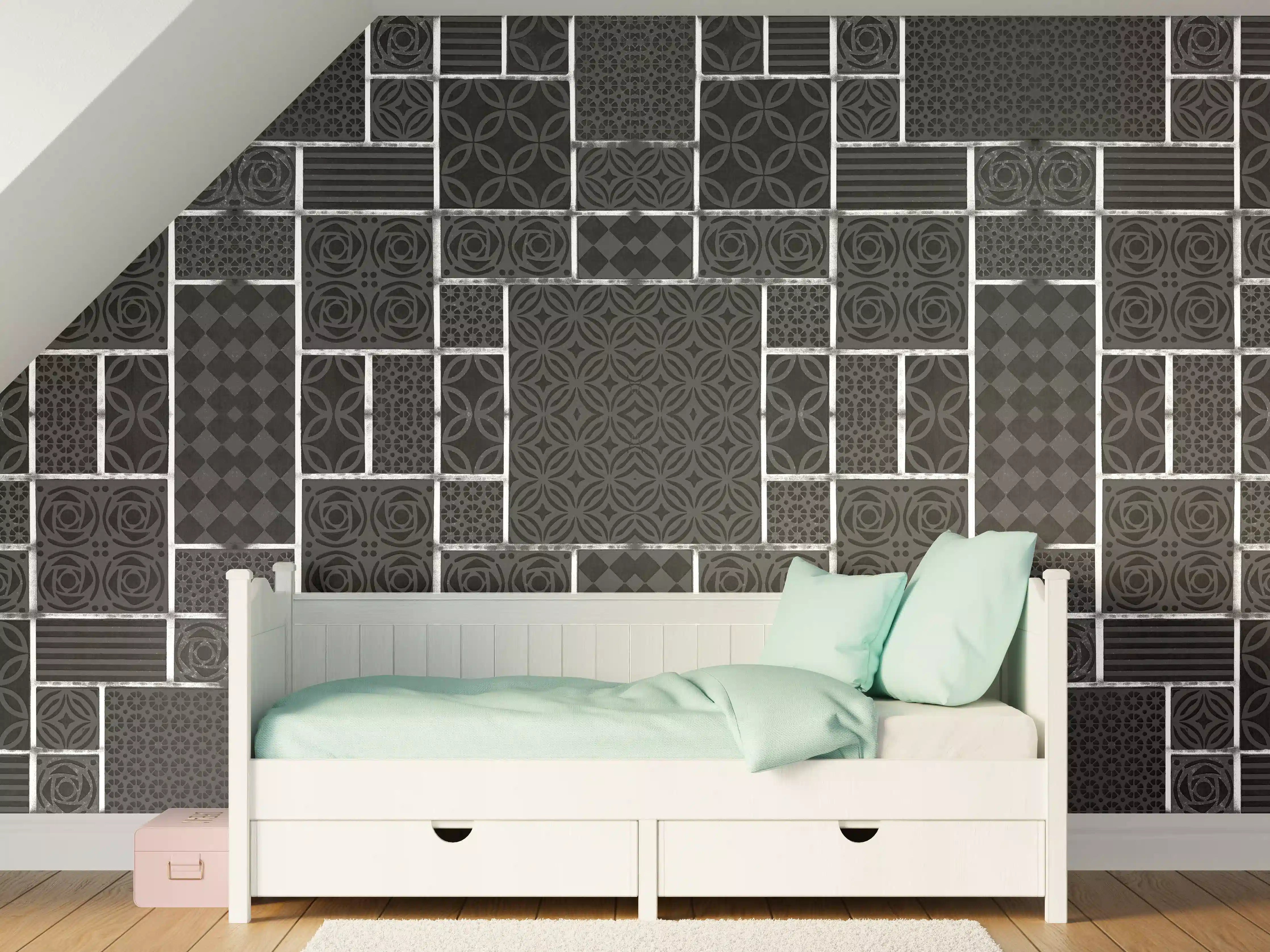 Kinderzimmer Wandgestaltung - Schwarz geometrische Fliesen