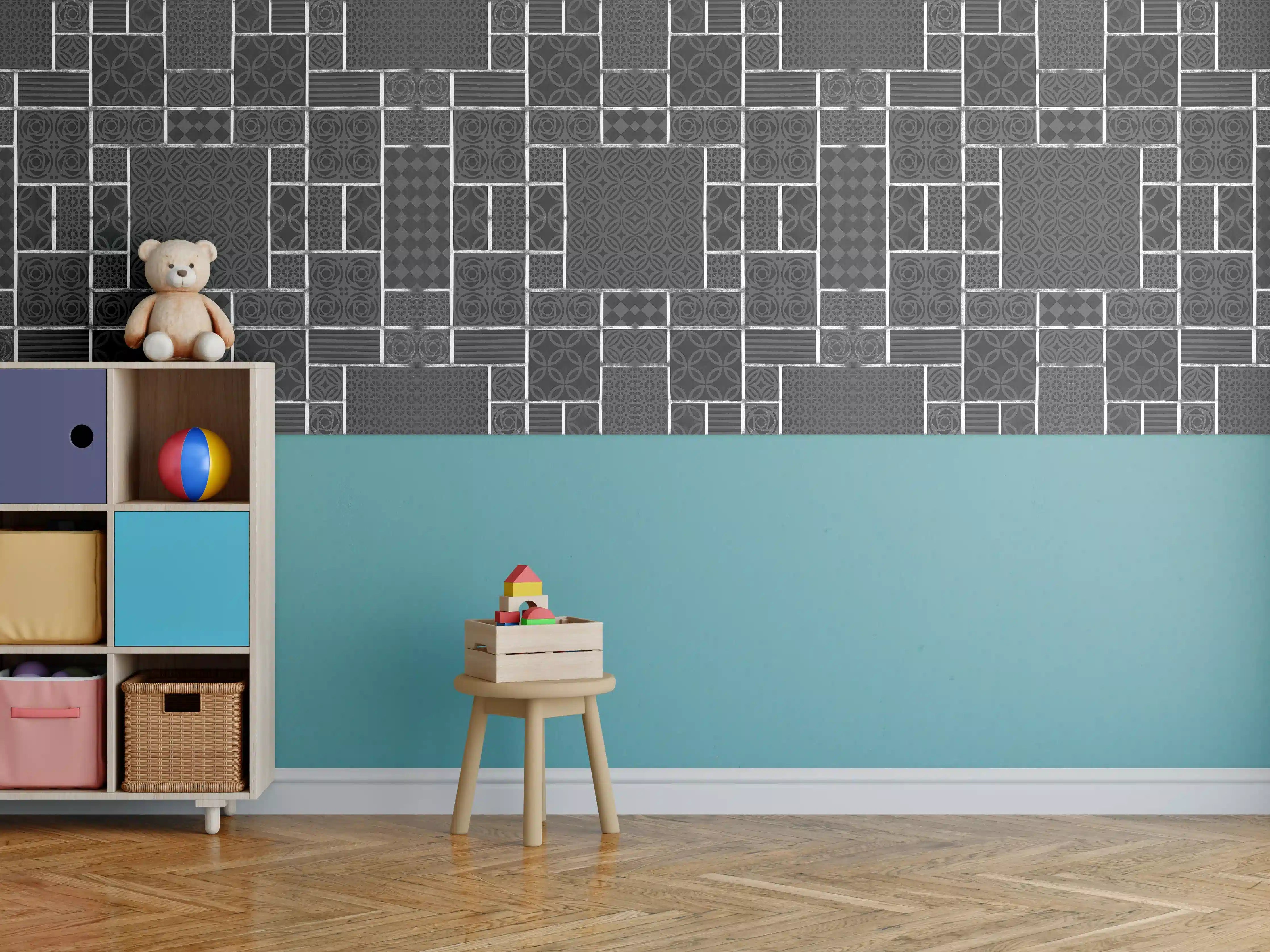 Kinderzimmer Wandgestaltung - Schwarz geometrische Fliesen