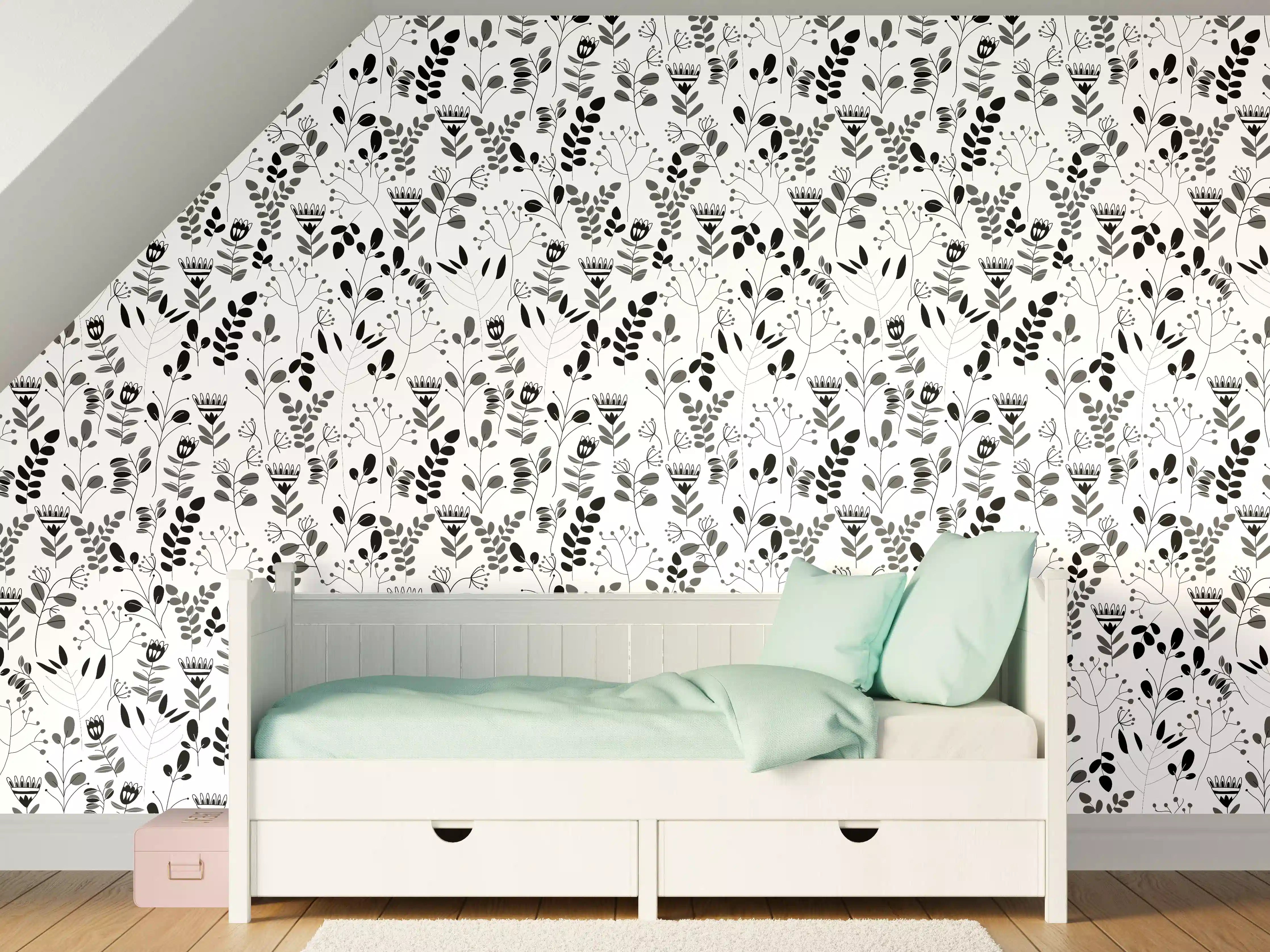 Kinderzimmer Wandgestaltung - Schwarz-weiße florale Musterwanddekoration