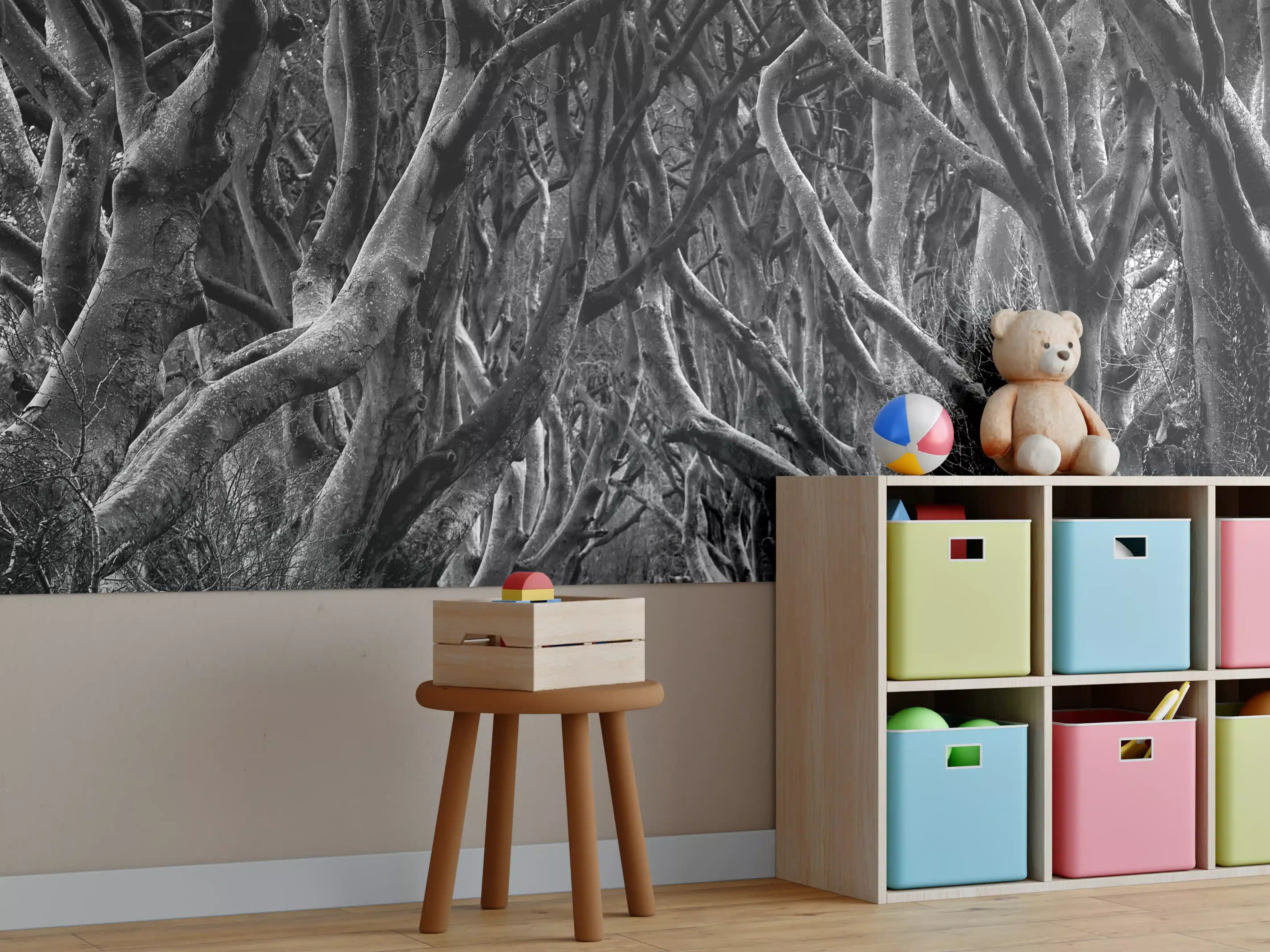 Kinderzimmer Wandgestaltung - Schwarz, weißer Waldweg