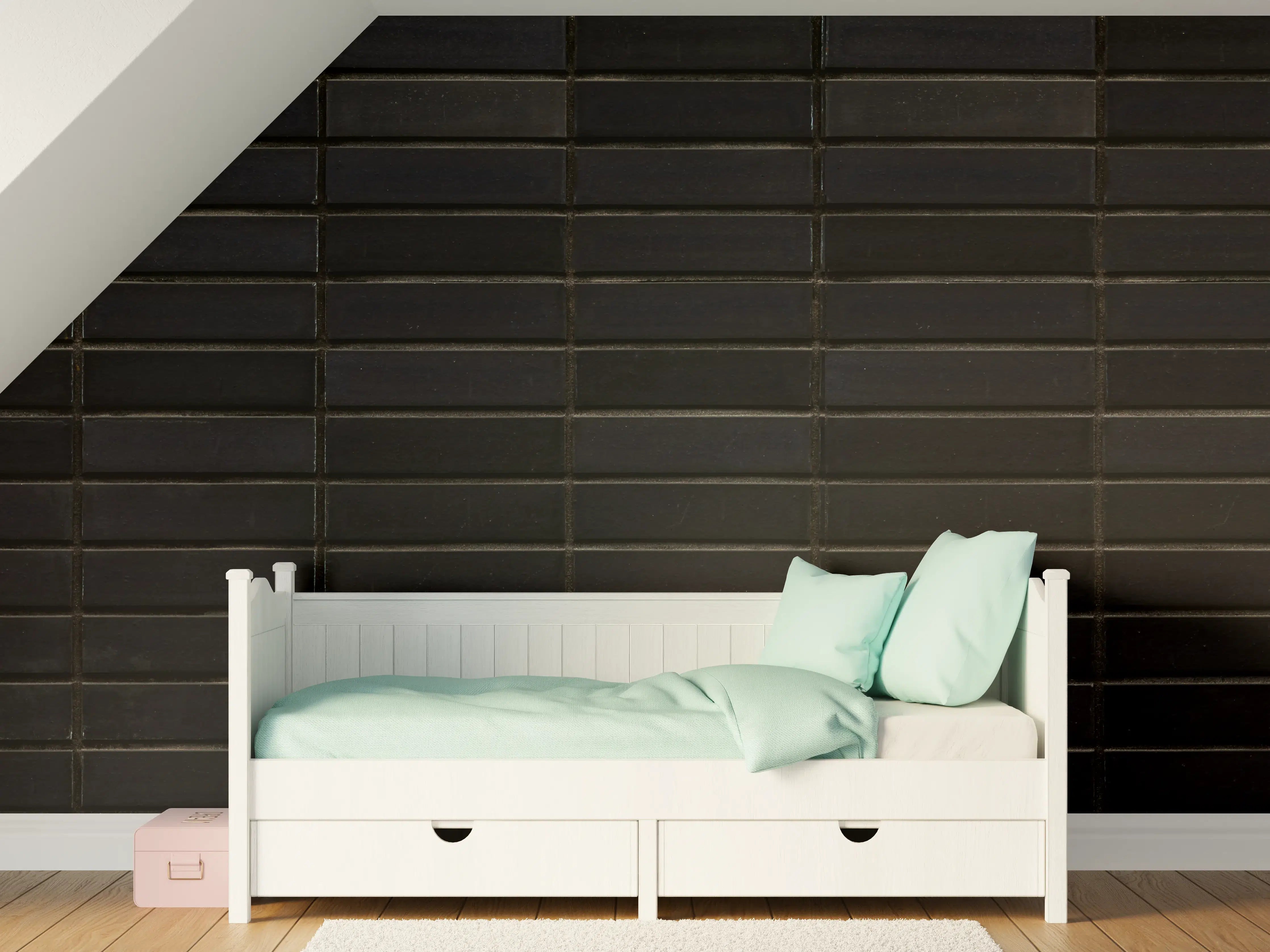 Kinderzimmer Wandgestaltung - Schwarze Backsteinmauer mit goldener Akzent