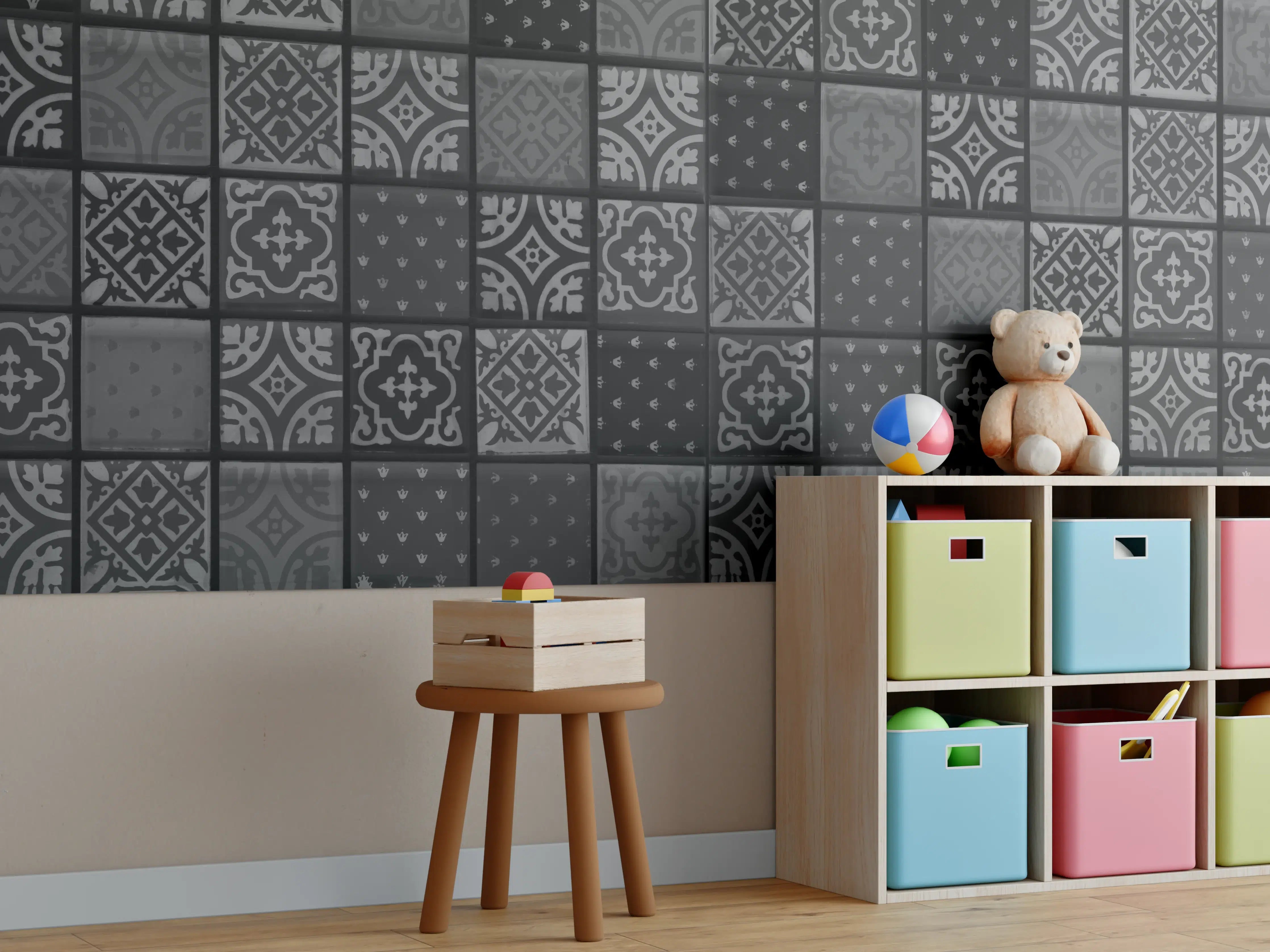 Kinderzimmer Wandgestaltung - Schwarze anthrazit Fliesen