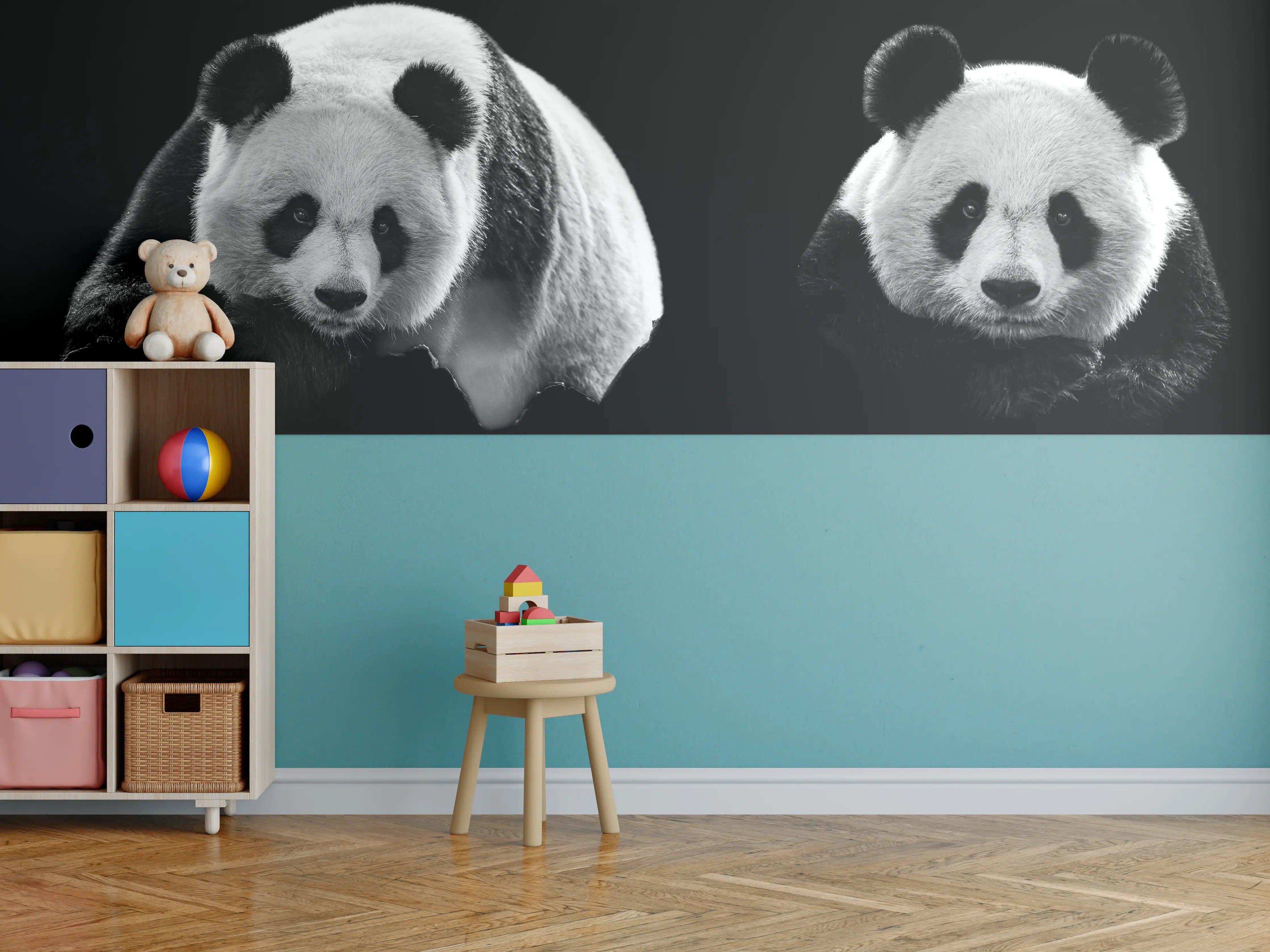 Kinderzimmer Wandgestaltung - Schwarze und Weiß Panda Köpfe