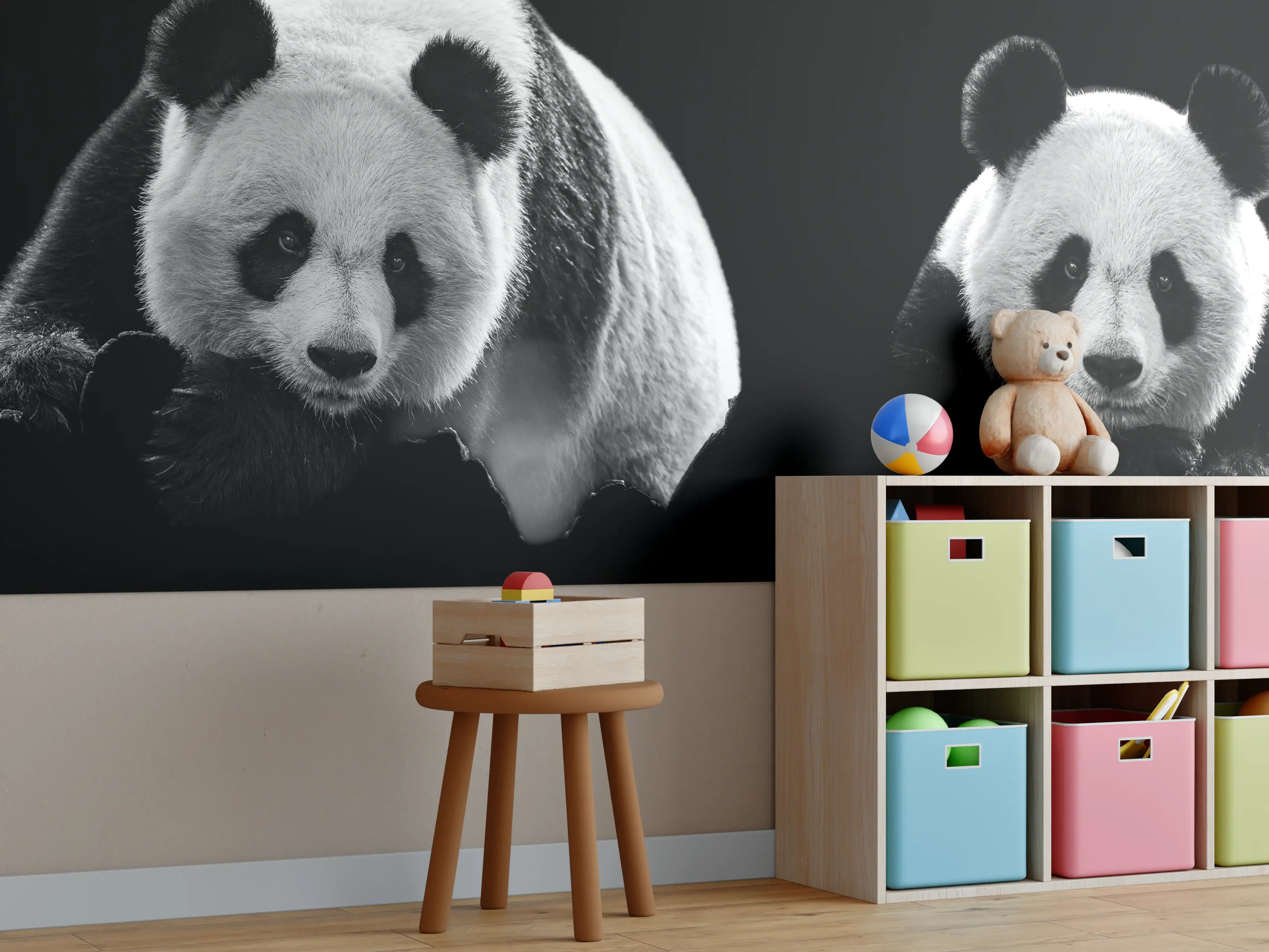 Kinderzimmer Wandgestaltung - Schwarze und Weiß Panda Köpfe