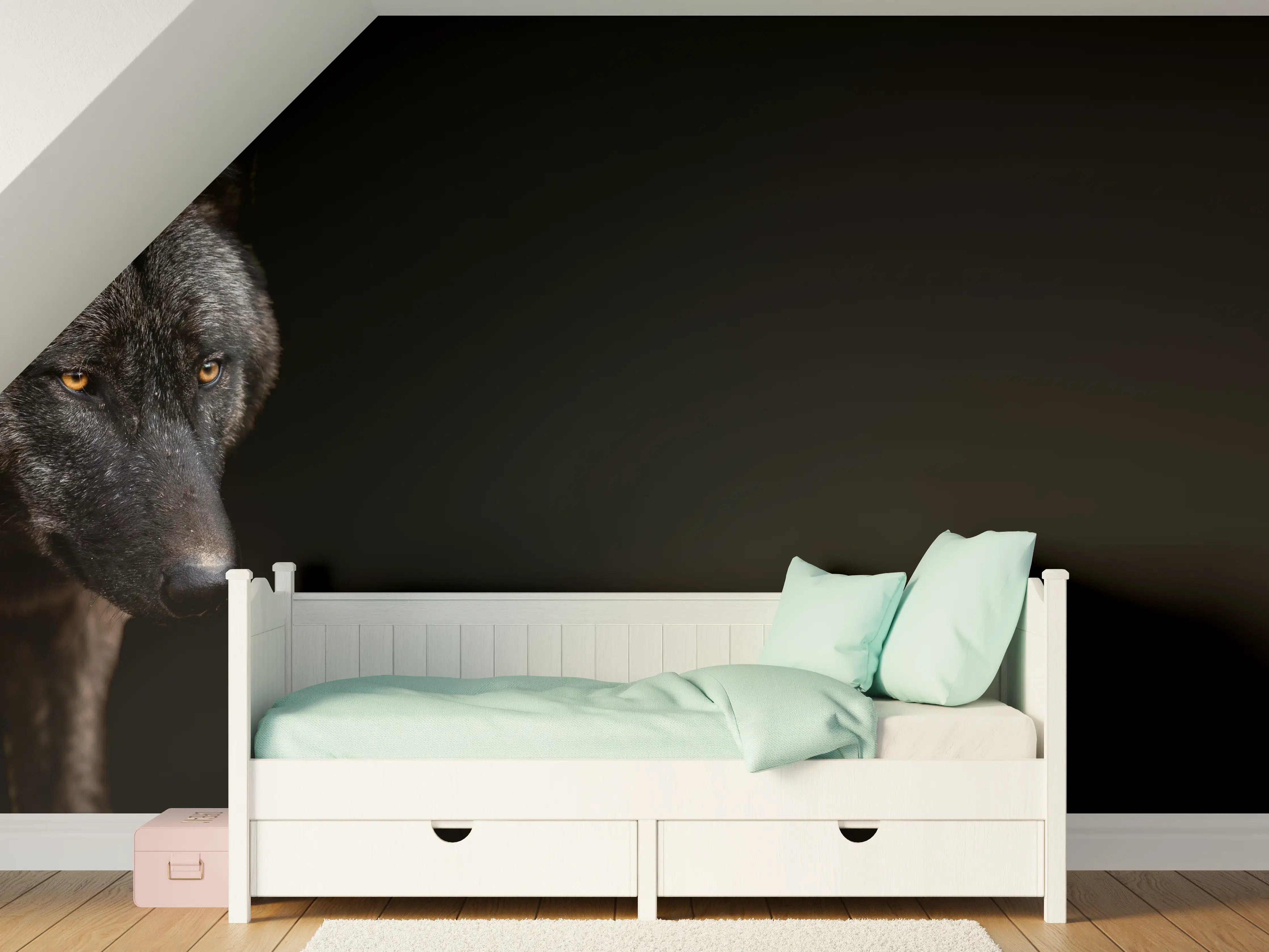 Kinderzimmer Wandgestaltung - Schwarzer Wolf auf schwarzem Hintergrund