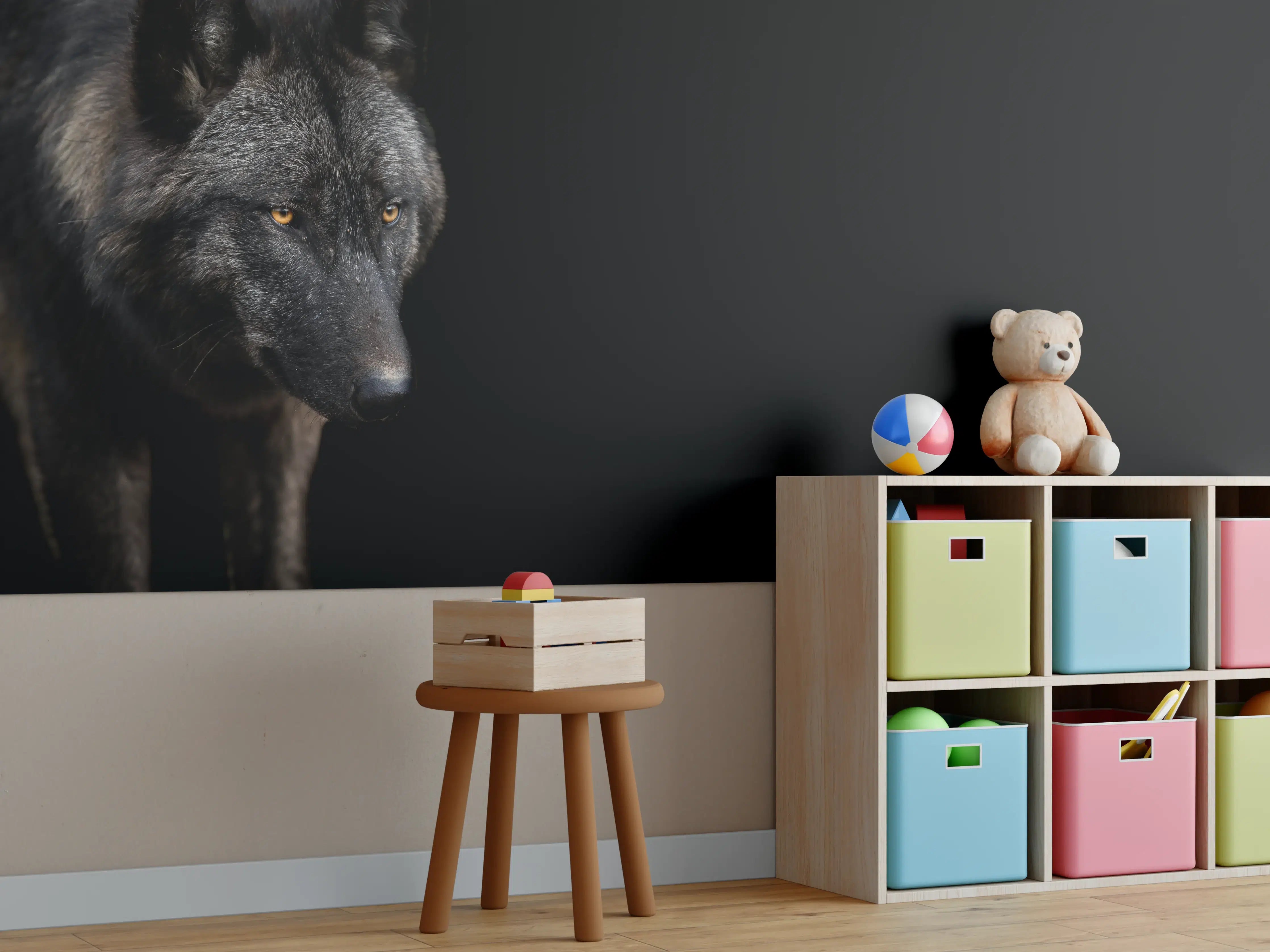 Kinderzimmer Wandgestaltung - Schwarzer Wolf auf schwarzem Hintergrund