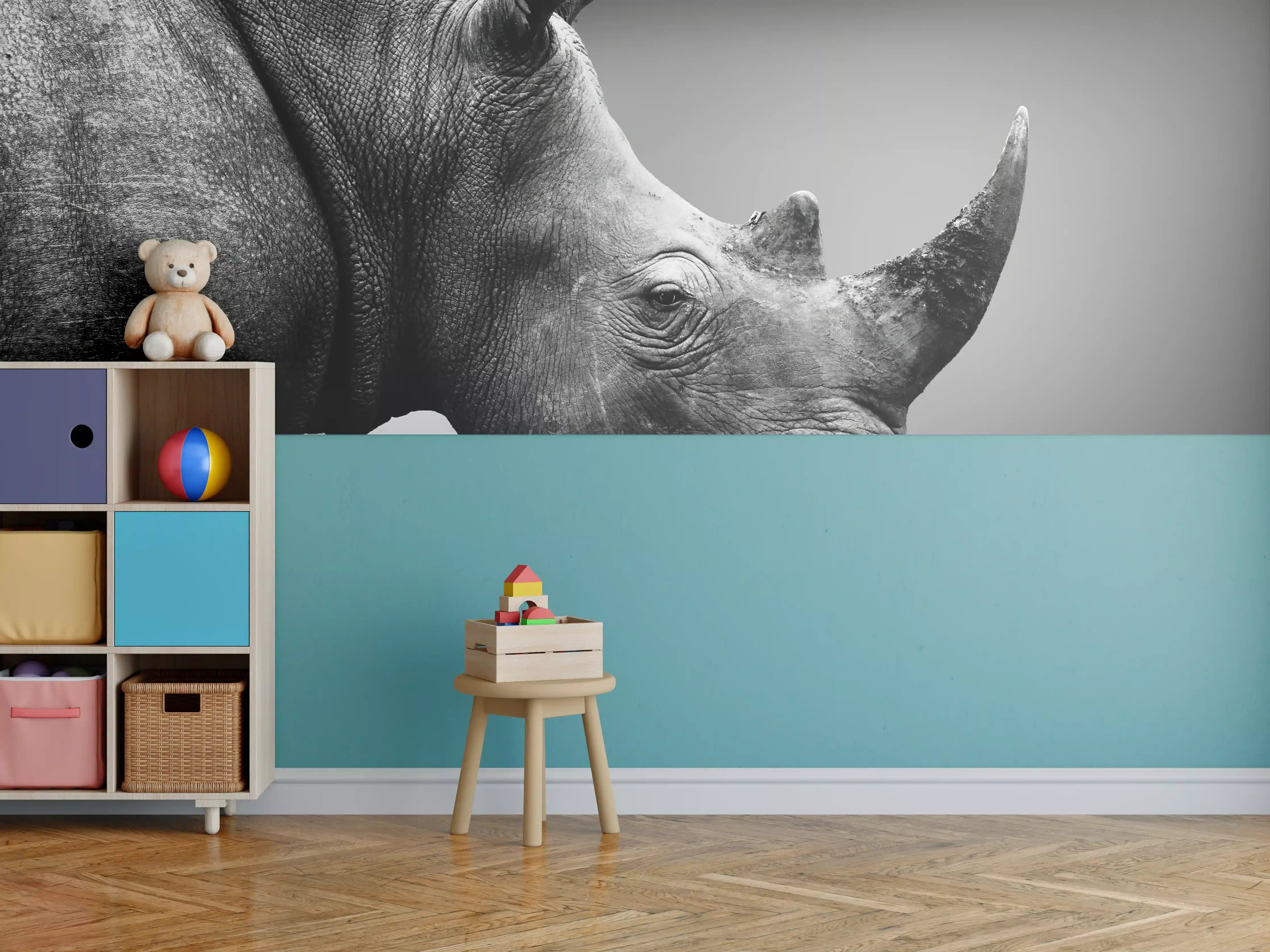 Kinderzimmer Wandgestaltung - Schwarzes Nashorn in Schwarzweißfotografie