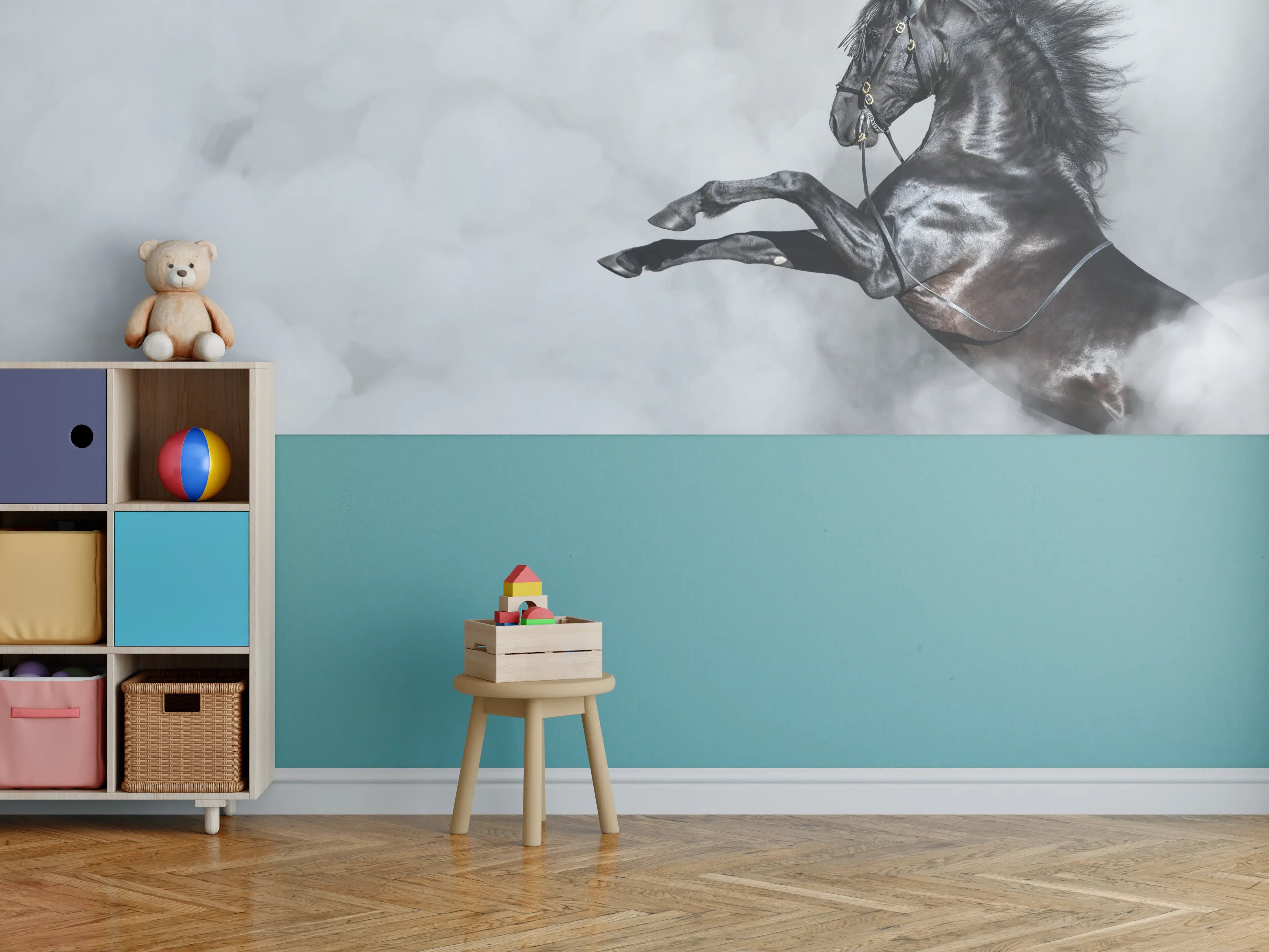 Kinderzimmer Wandgestaltung - Schwarzes Pferd im Nebel Kunstbild
