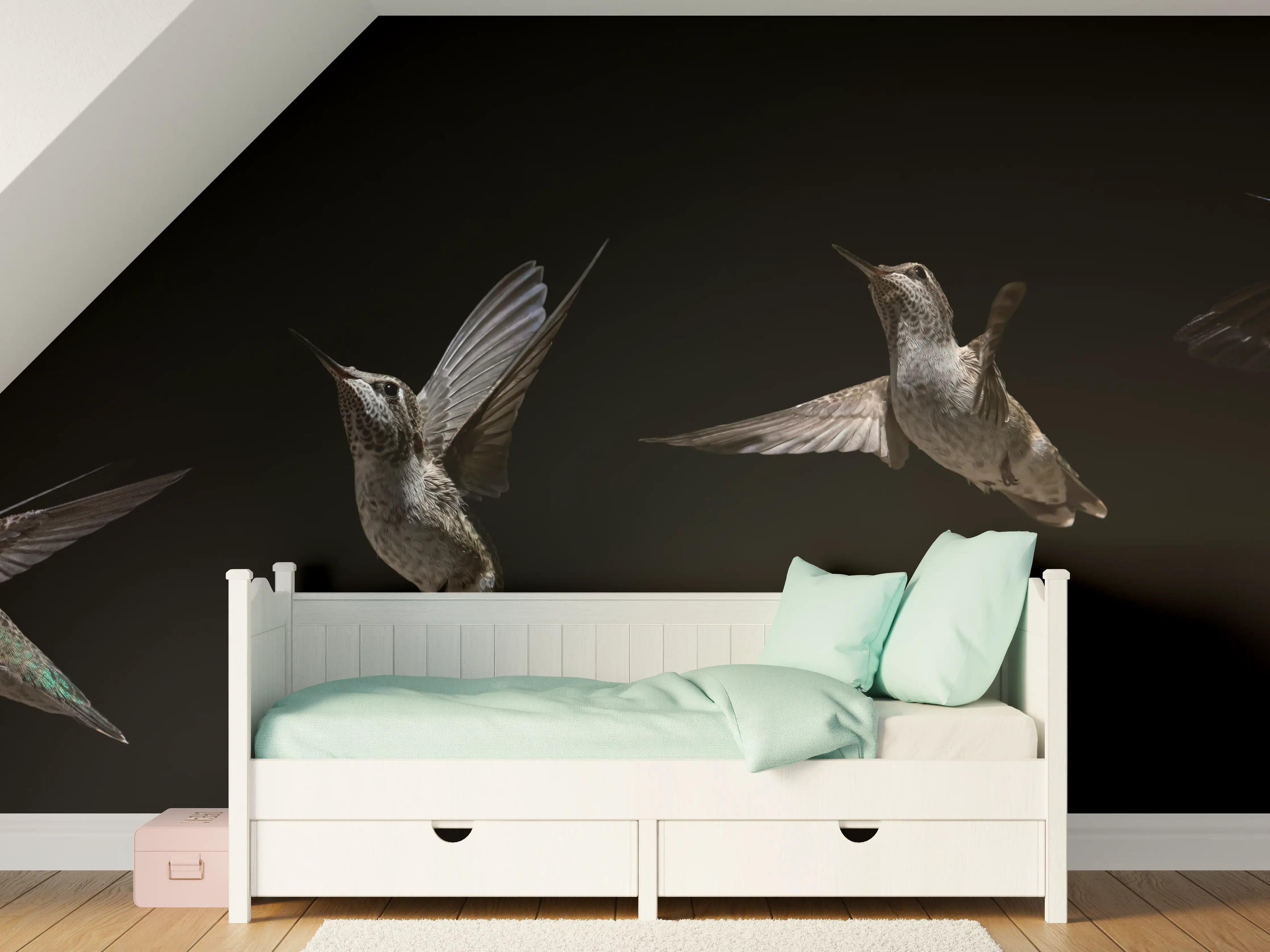 Kinderzimmer Wandgestaltung - Schwarzkinnkolibri Vogel mit Schwarzem Hintergrund