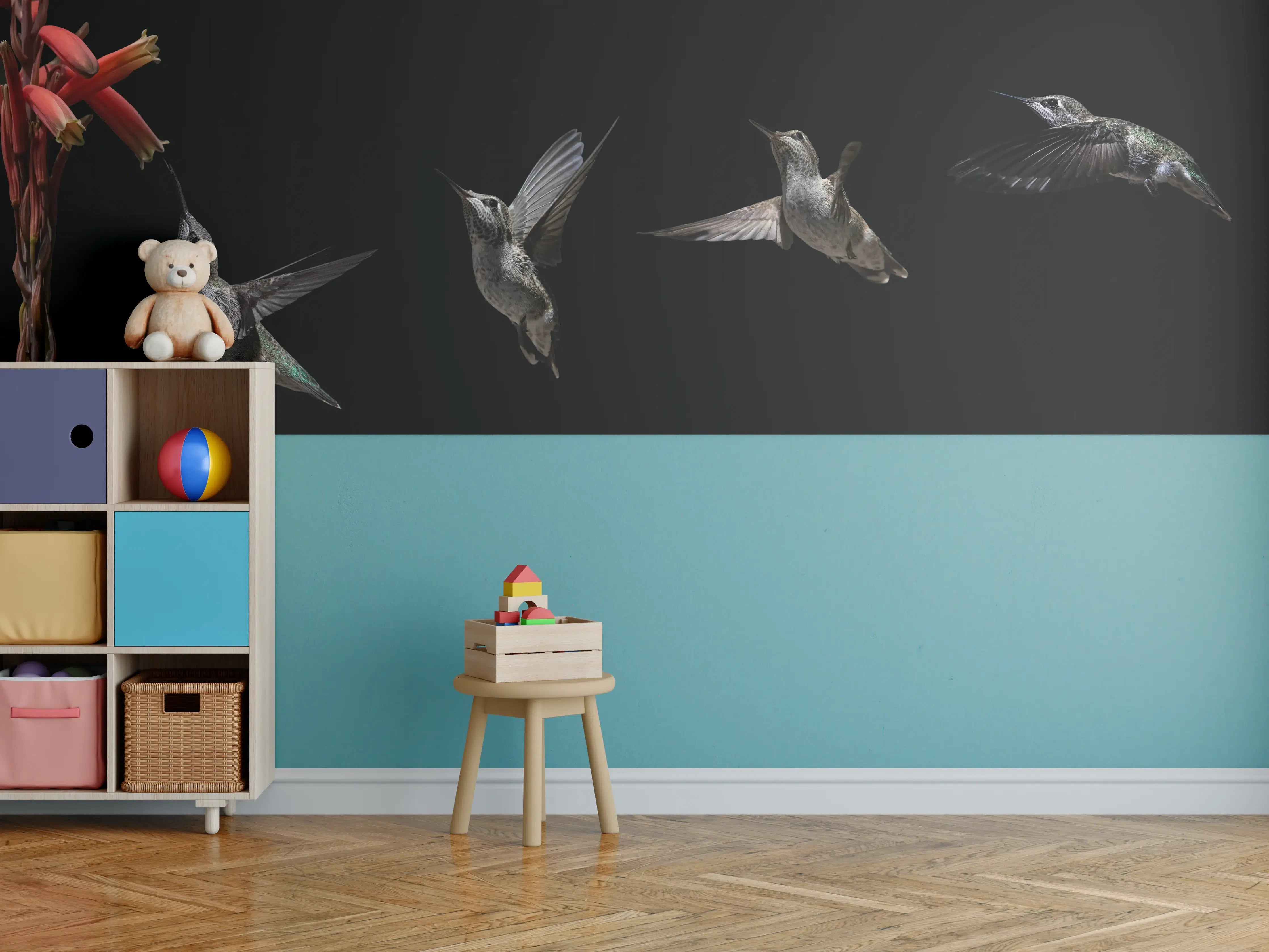 Kinderzimmer Wandgestaltung - Schwarzkinnkolibri Vogel mit Schwarzem Hintergrund