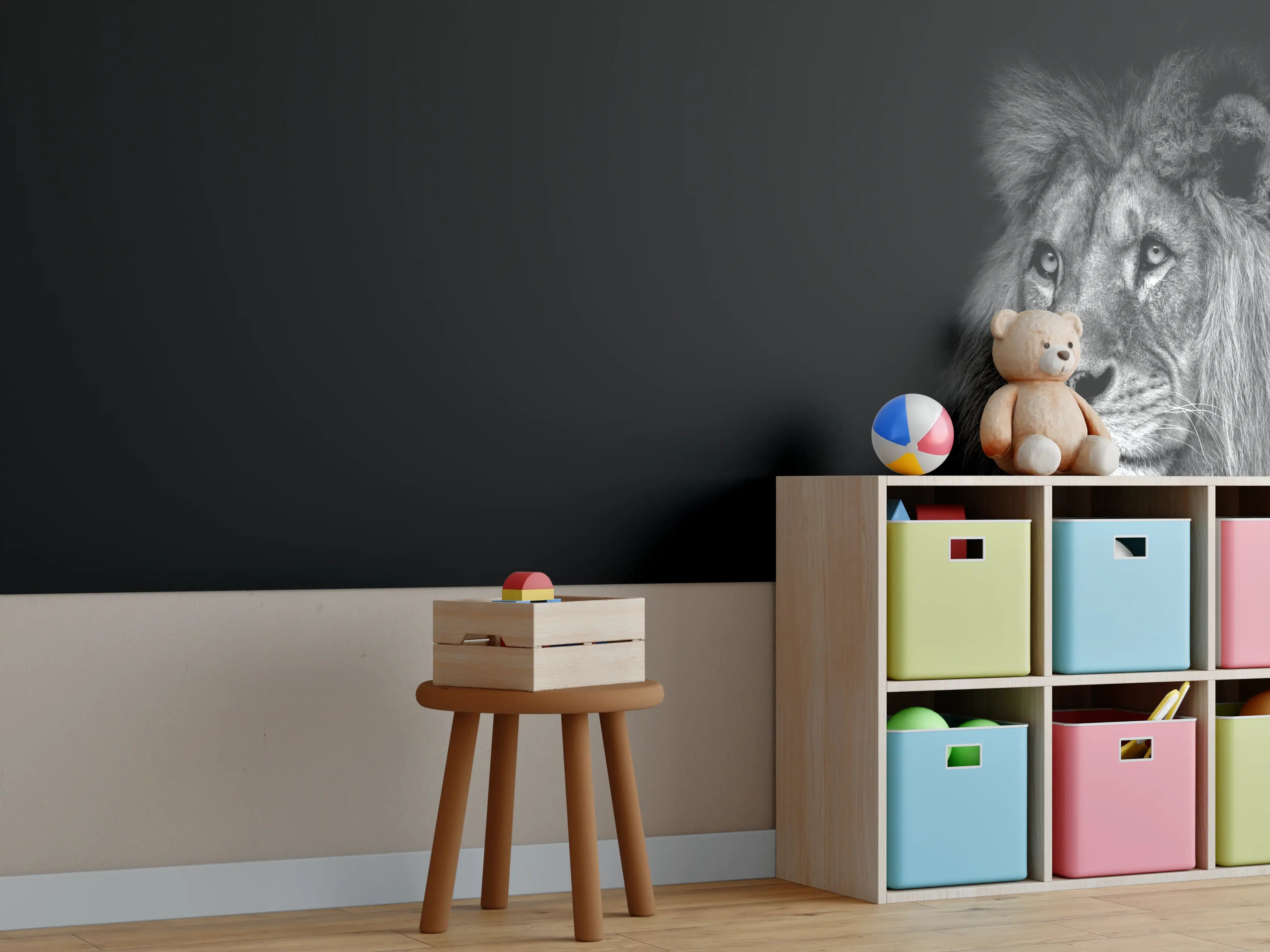 Kinderzimmer Wandgestaltung - Schwarzweiß Löwenporträt Kontrast