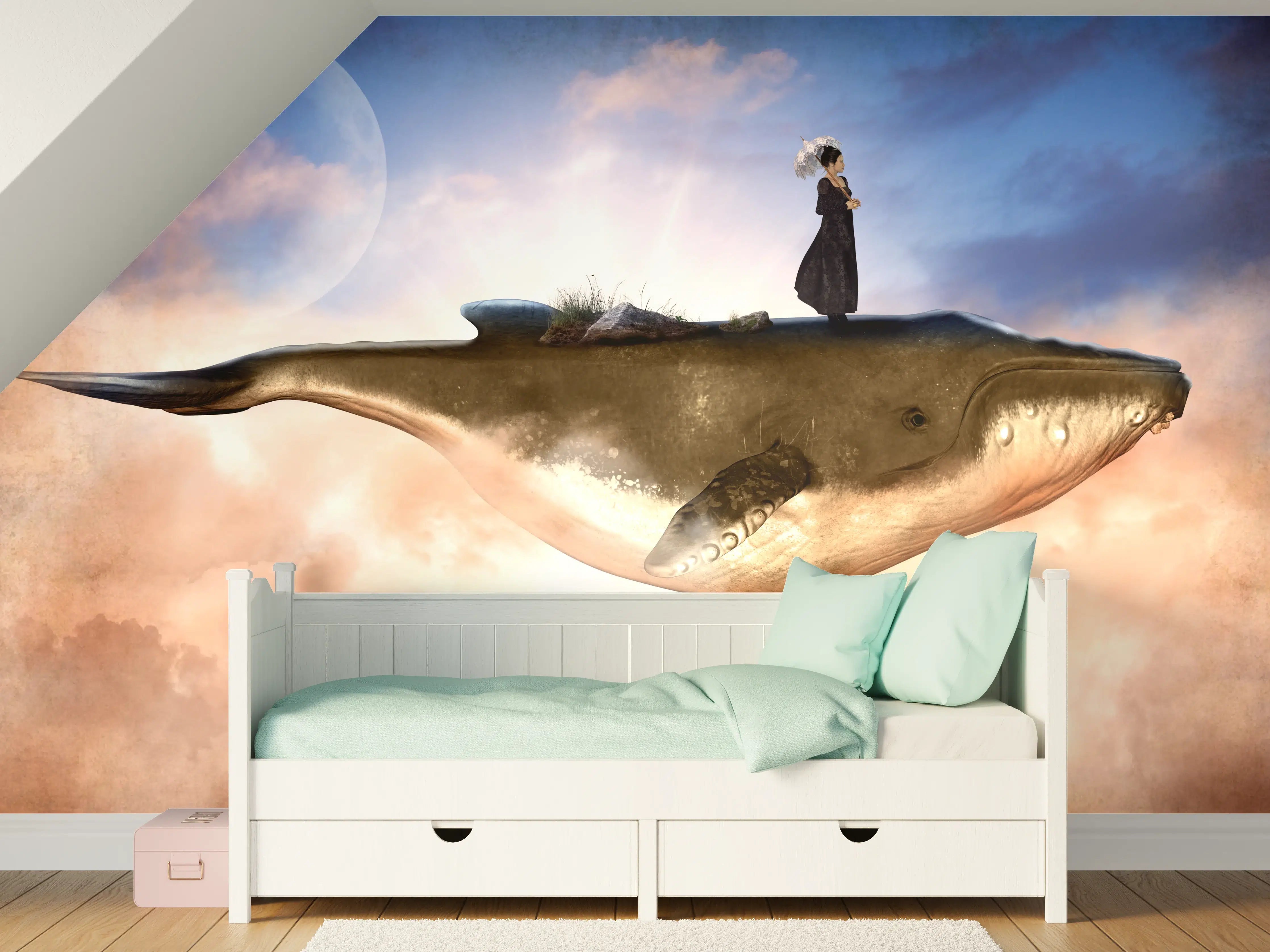 Kinderzimmer Wandgestaltung - Schwebender Wal mit Frau
