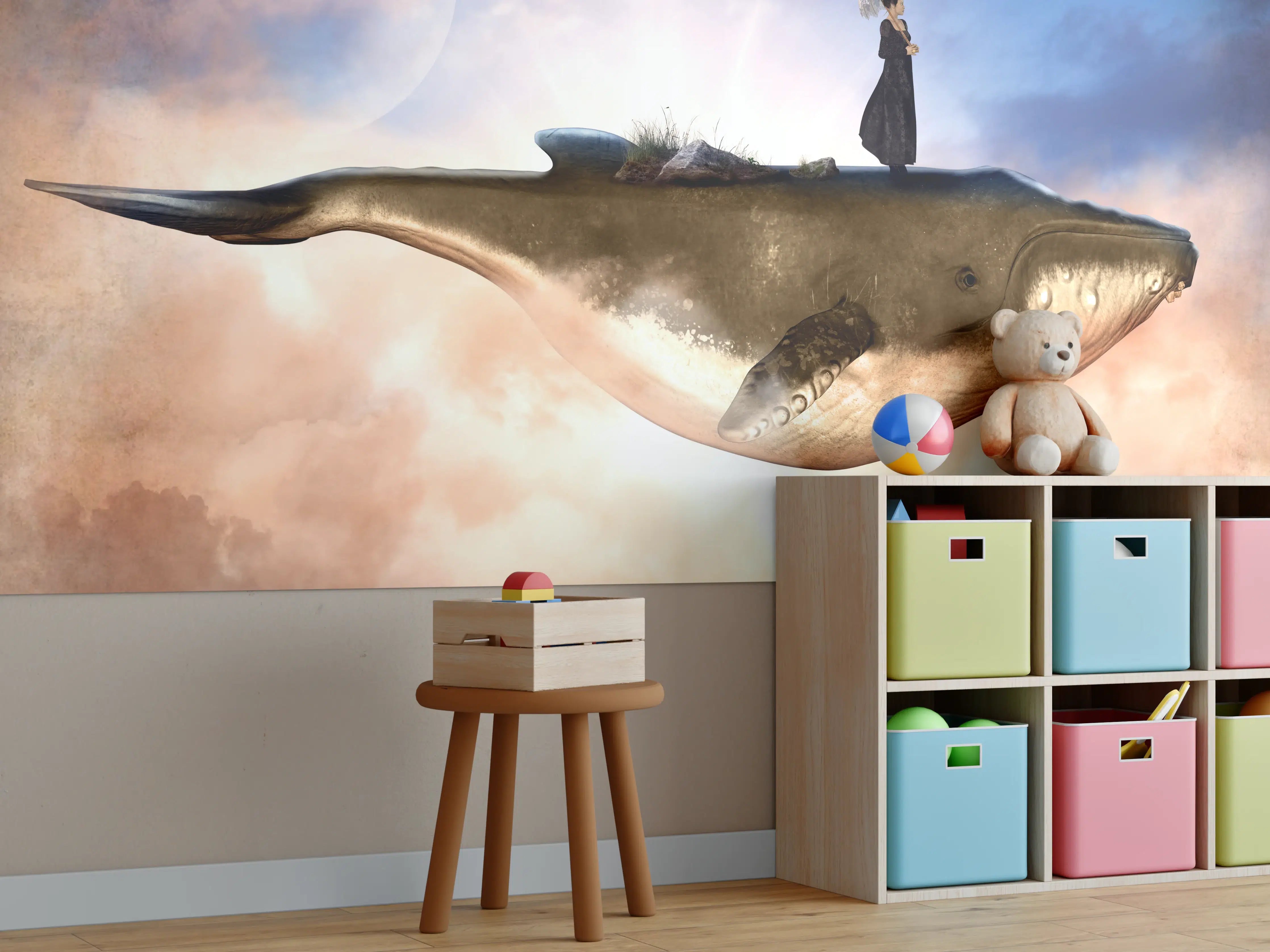 Kinderzimmer Wandgestaltung - Schwebender Wal mit Frau