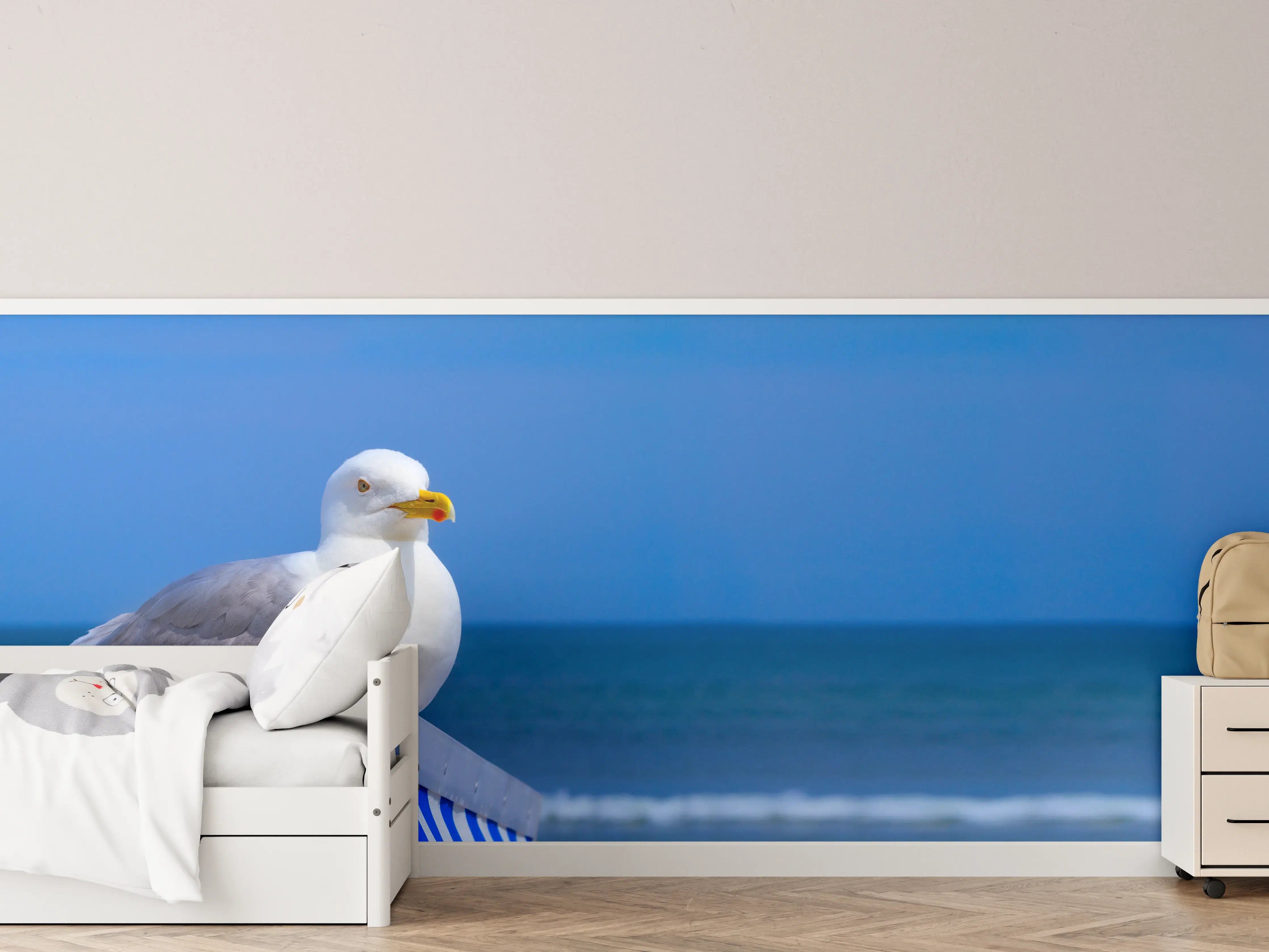Kinderzimmer Wandgestaltung - Seegull am Strand mit blauem Hintergrund