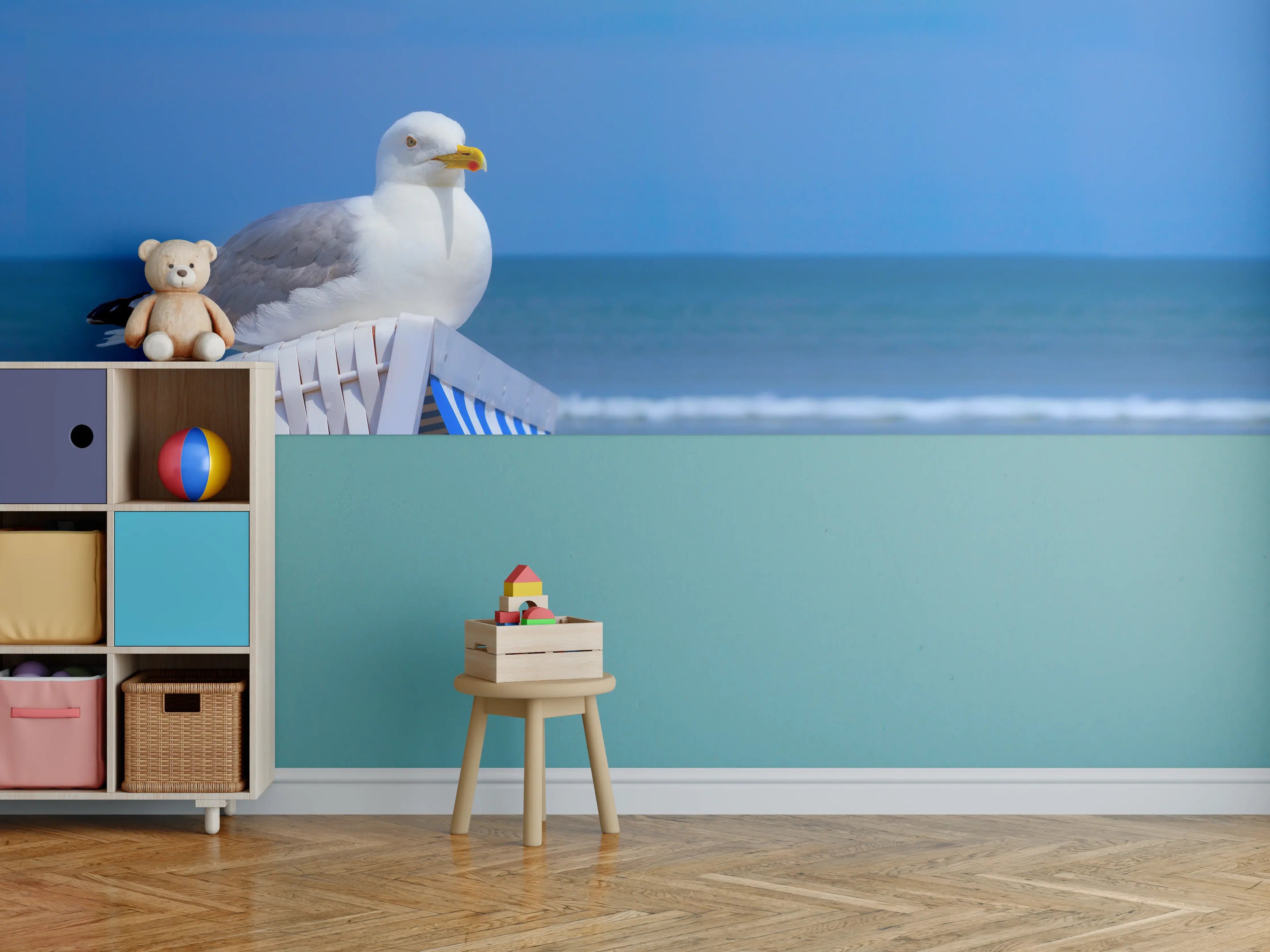 Kinderzimmer Wandgestaltung - Seegull am Strand mit blauem Hintergrund