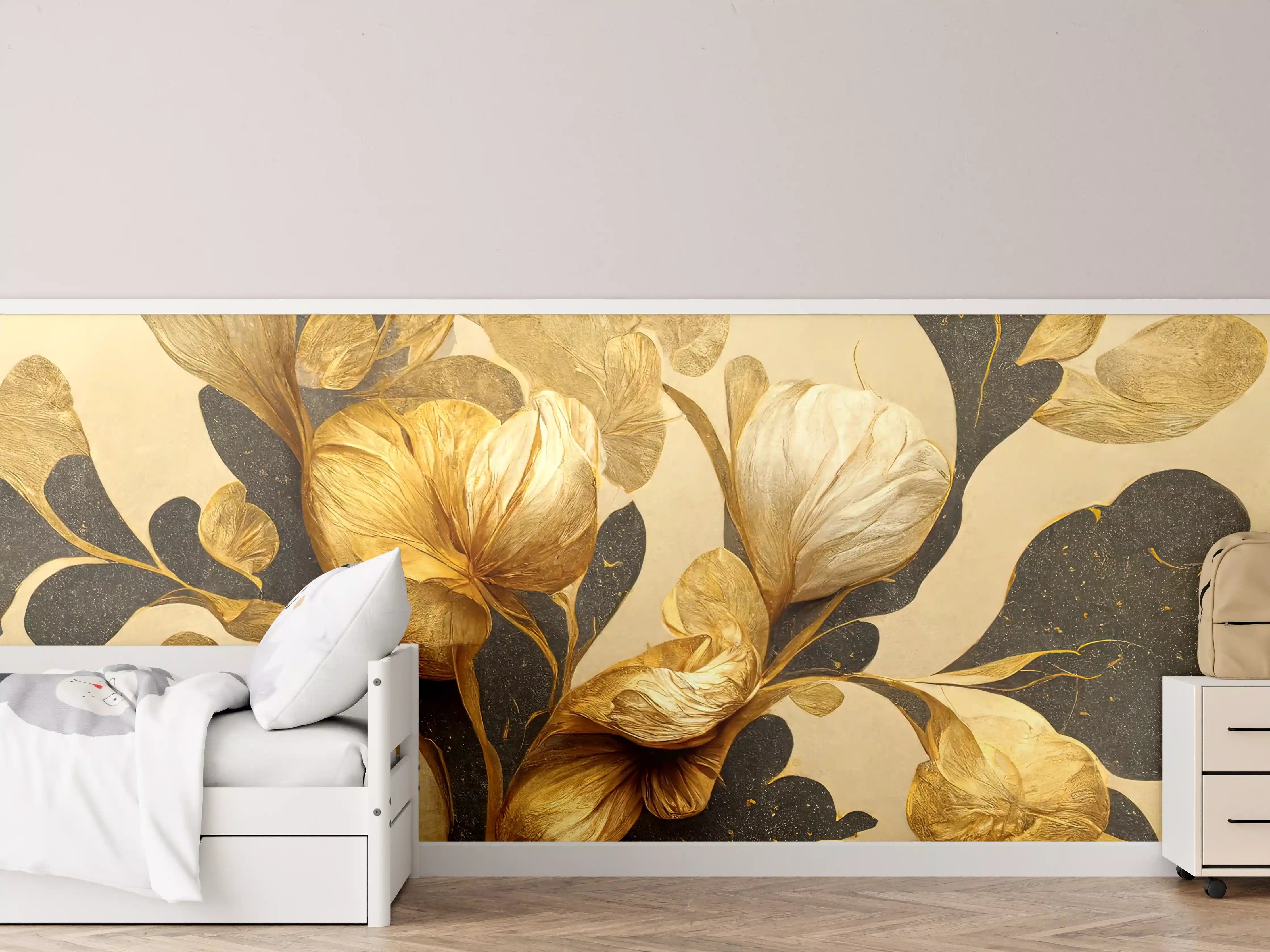 Kinderzimmer Wandgestaltung - Silberne Blüten auf dunklem Grau